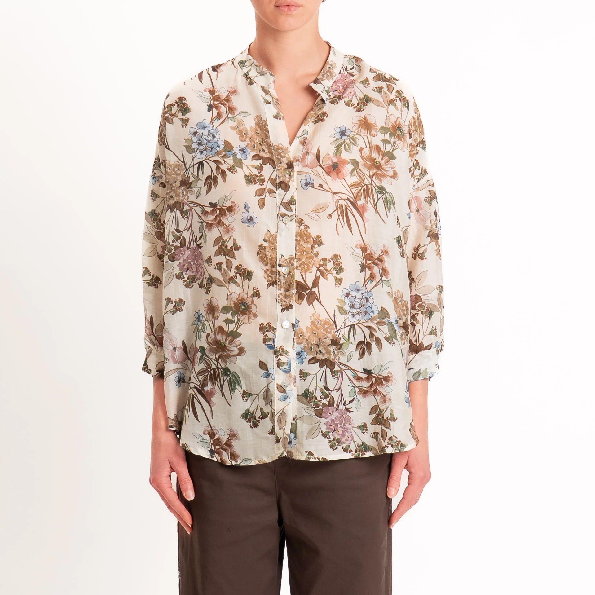 Zeroassoluto-Camicia MAIA mussola seta/cotone - floreale burro/choco/mauve - Image 3