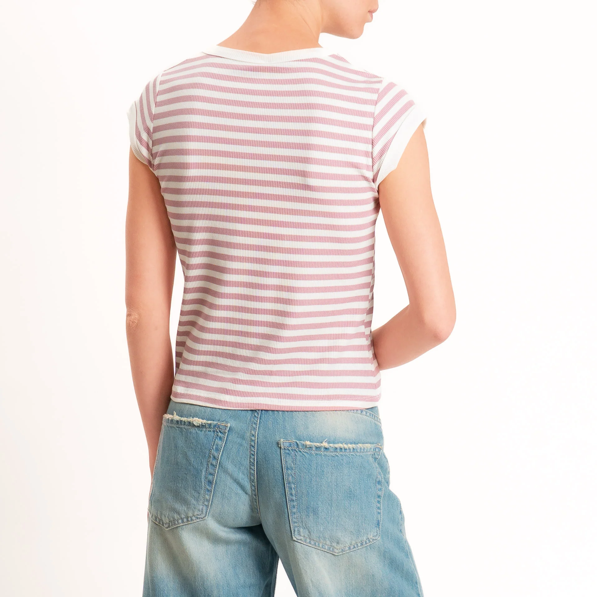 Tensione in-T-shirt costine a righe - panna/rosa - Image 3