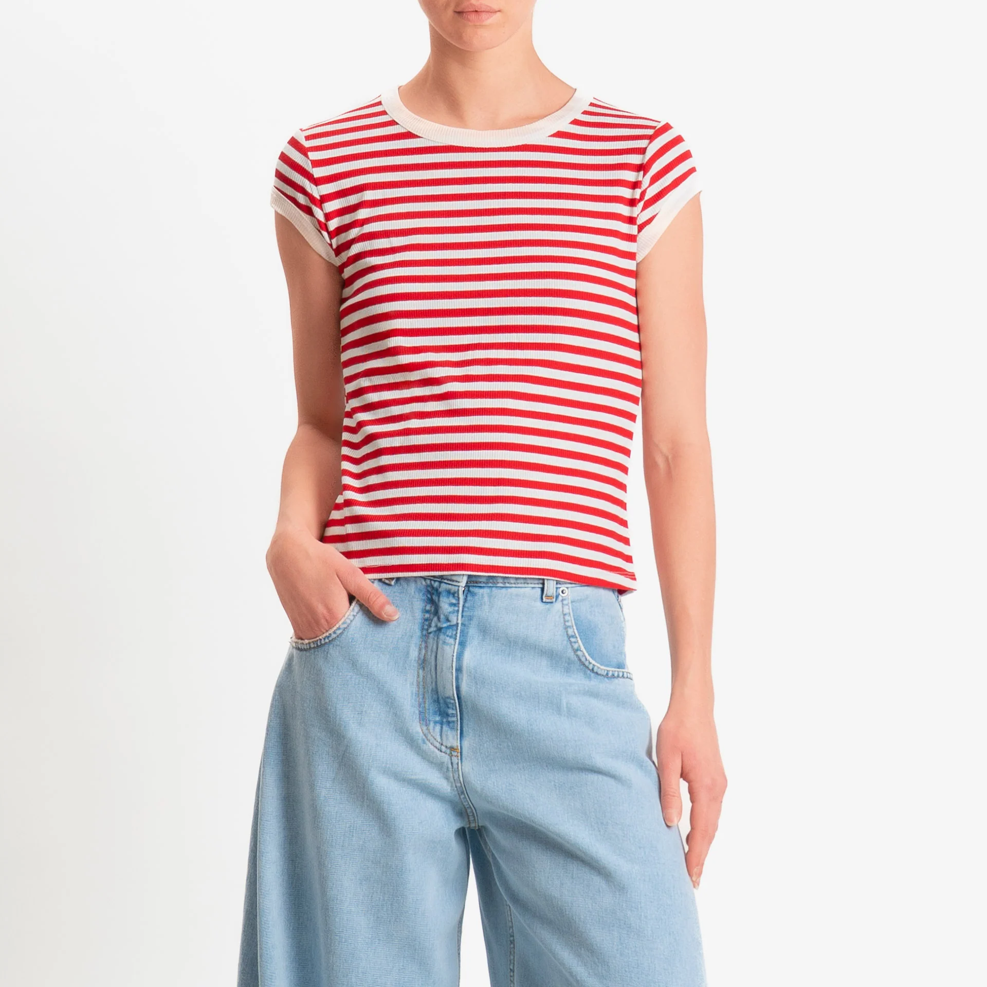 Tensione in-T-shirt costine a righe - panna/rosso - Image 2