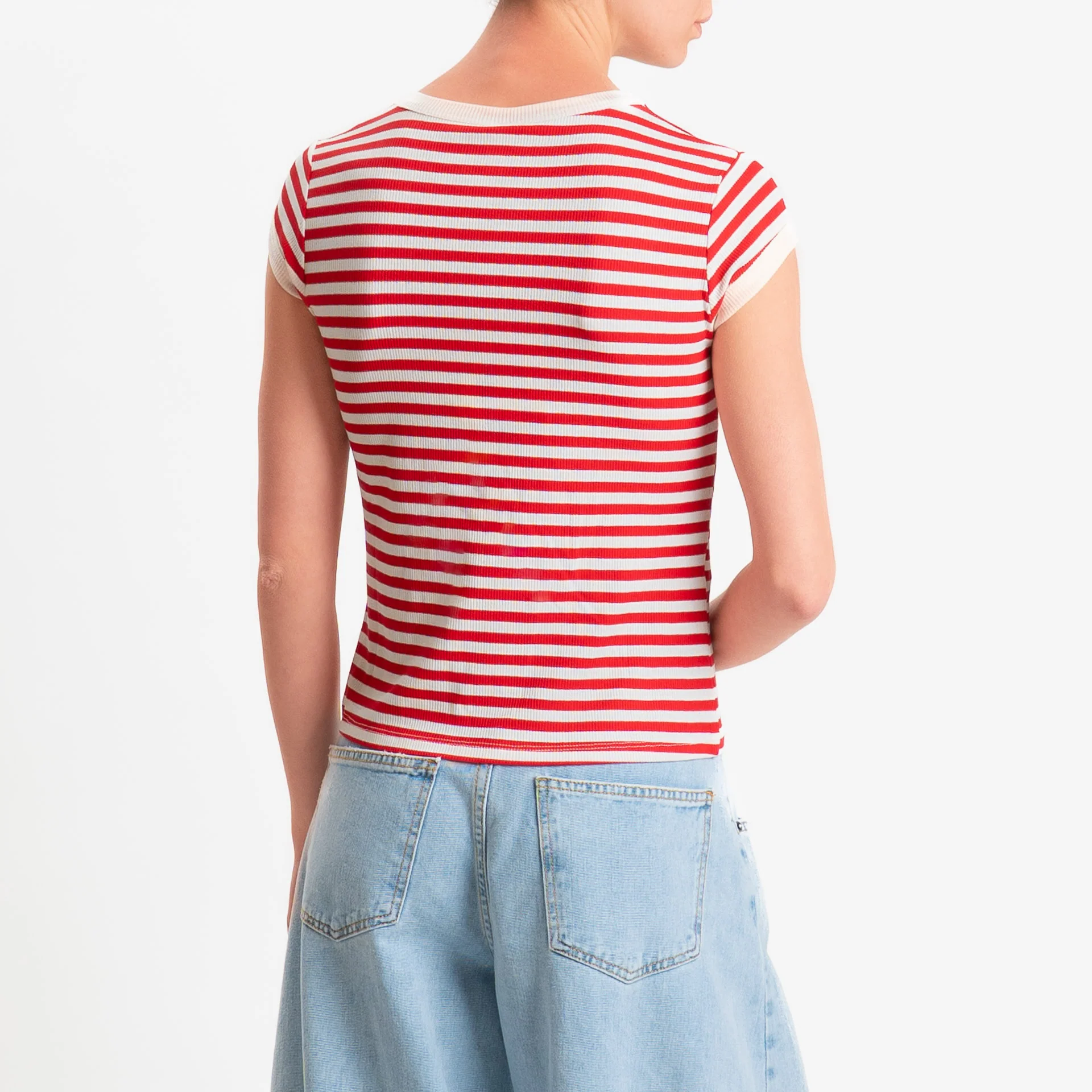 Tensione in-T-shirt costine a righe - panna/rosso - Image 3