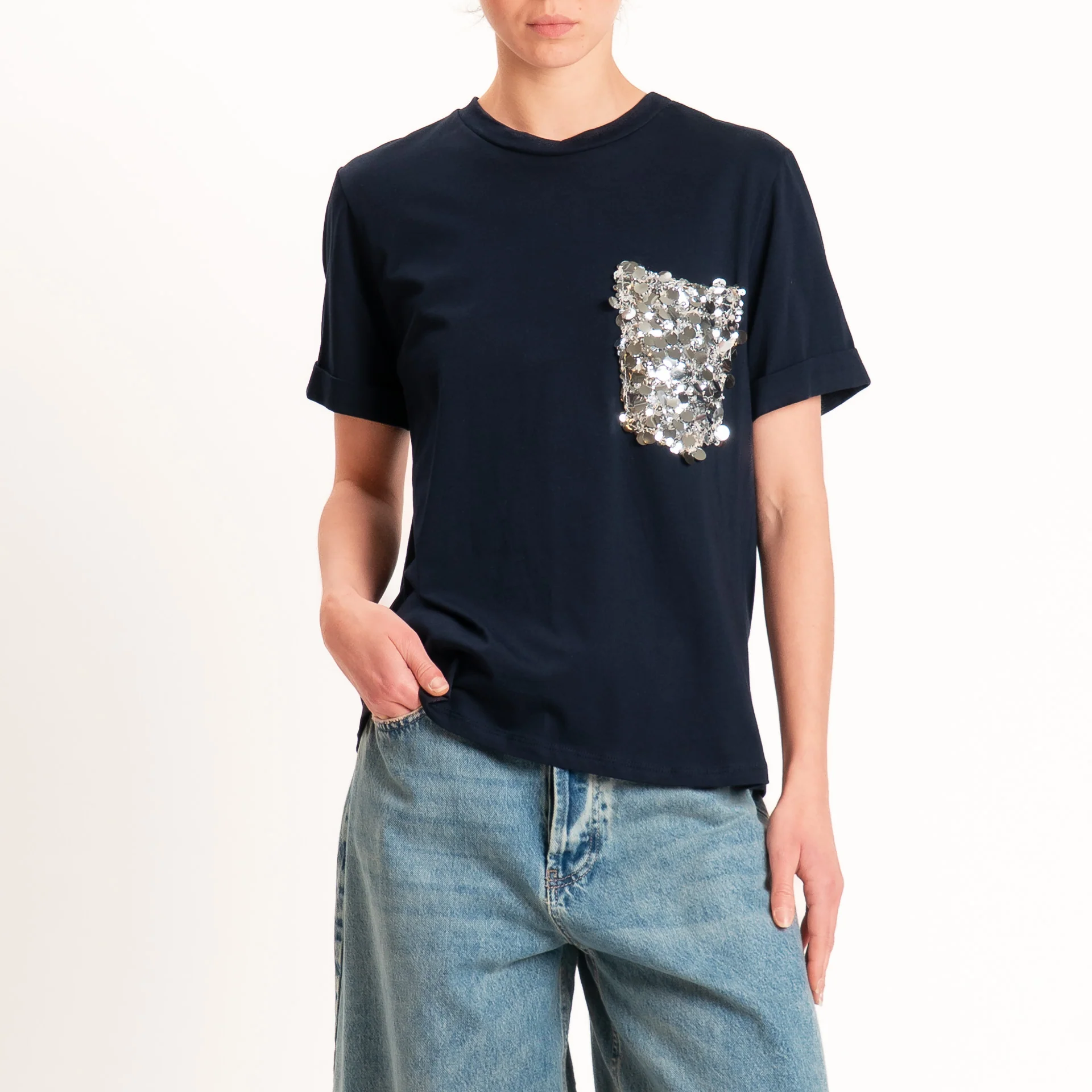 Motel-T-shirt con taschino maxi paillettes - blu - Image 2