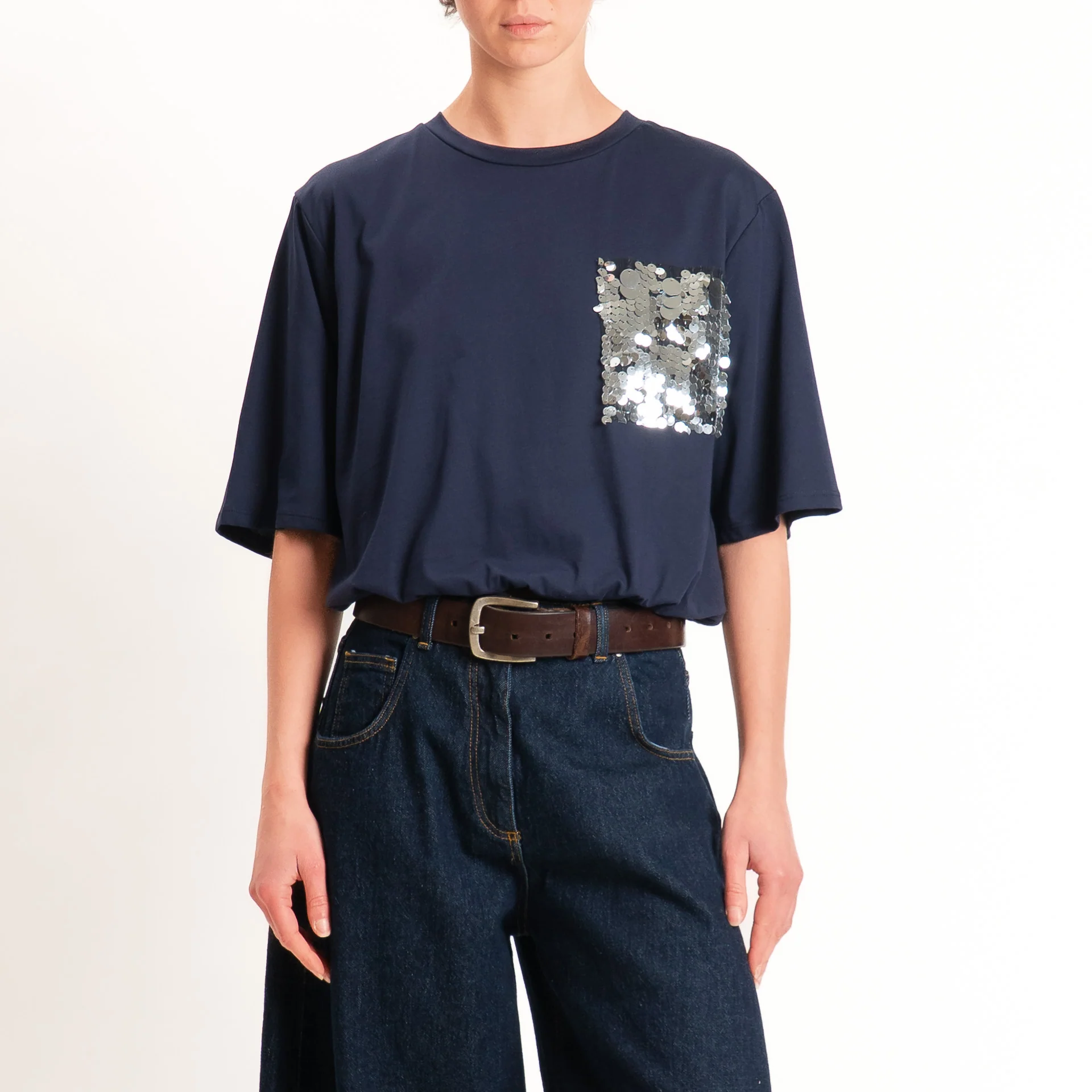 Motel-T-shirt con taschino maxi paillettes fondo con elastico - blu - Image 2