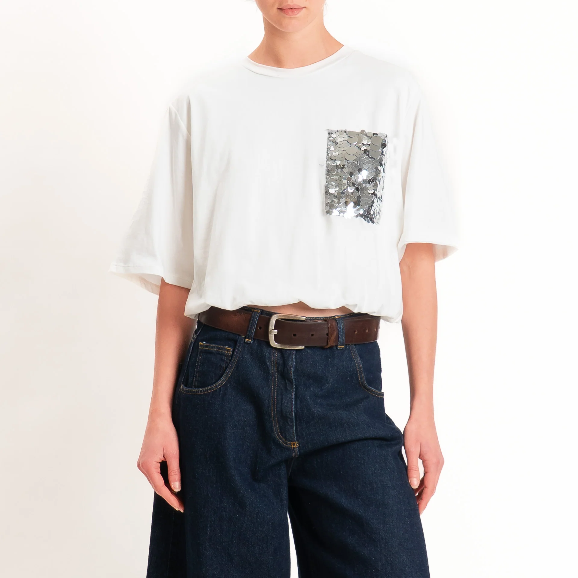 Motel-T-shirt con taschino maxi paillettes fondo con elastico - panna - Image 2