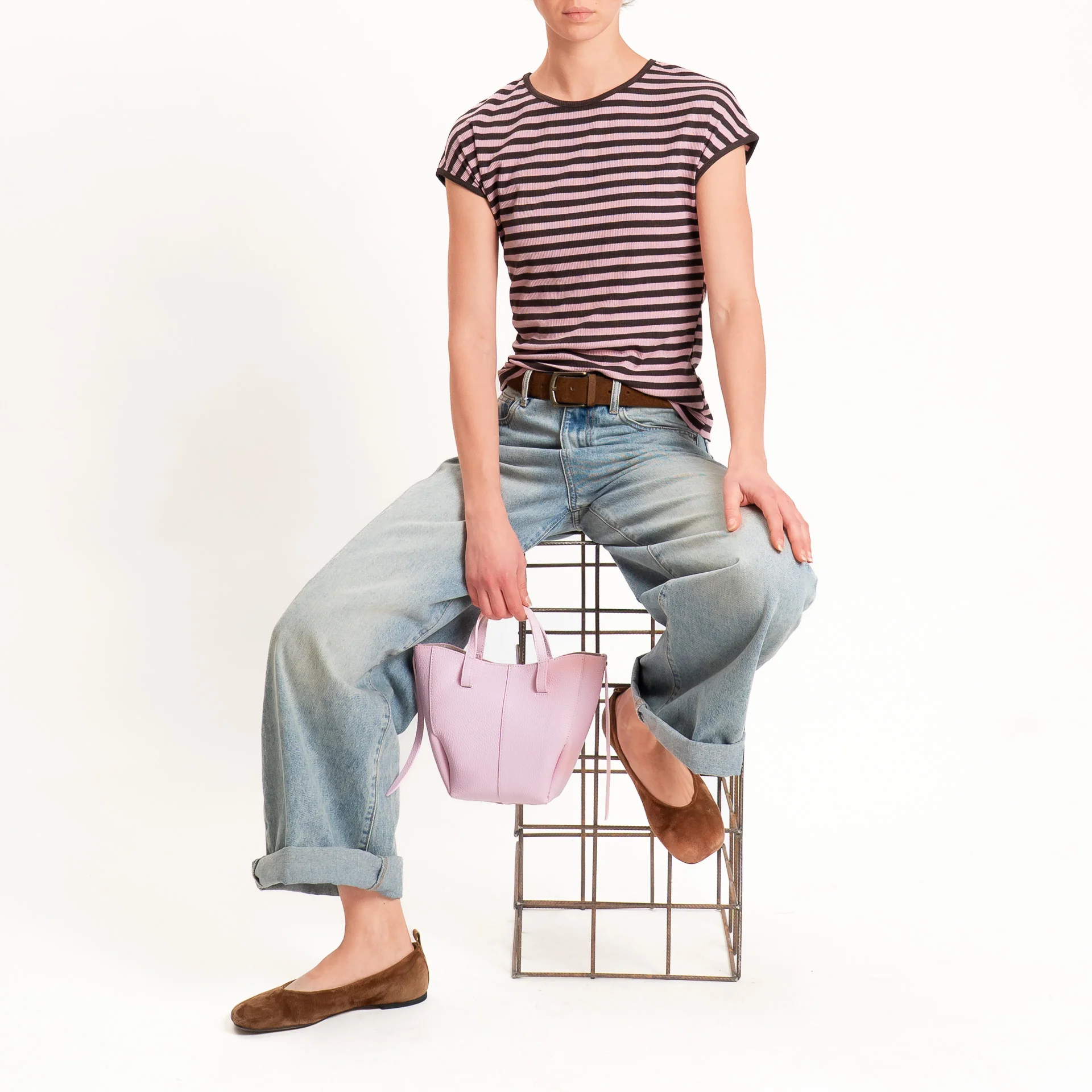 Motel-T-shirt righe a costine elasticizzata - moro/rosa