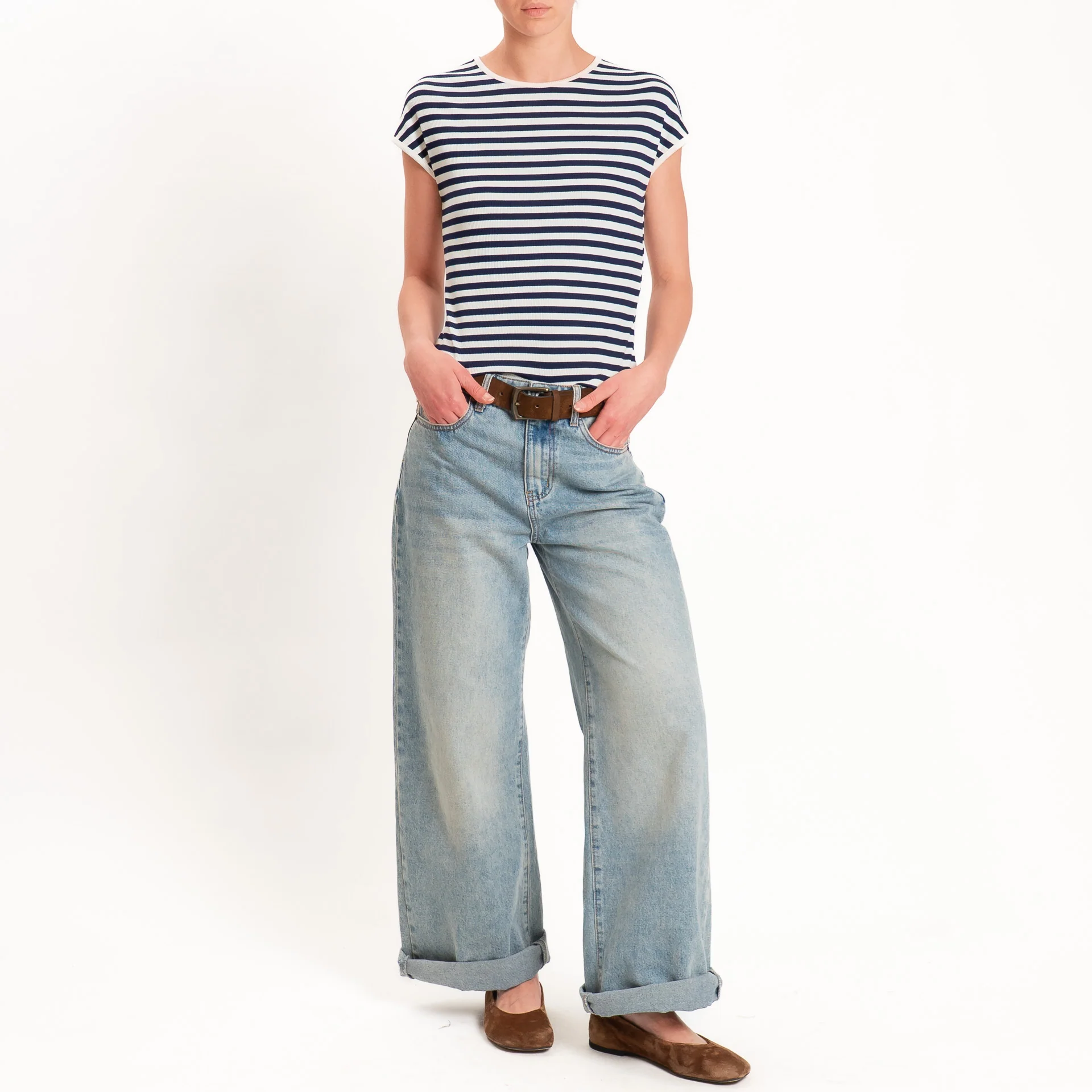 Motel-T-shirt righe a costine elasticizzata - panna/blu - Image 2