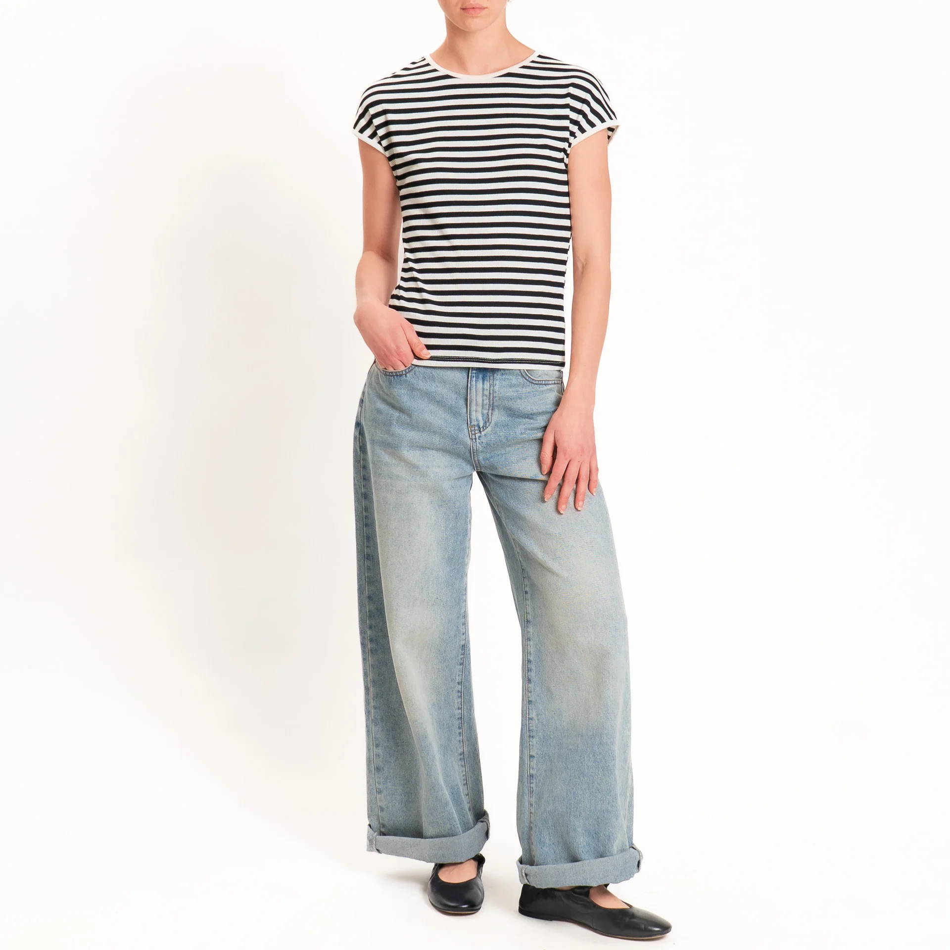 Motel-T-shirt righe a costine elasticizzata - panna/nero - Image 2