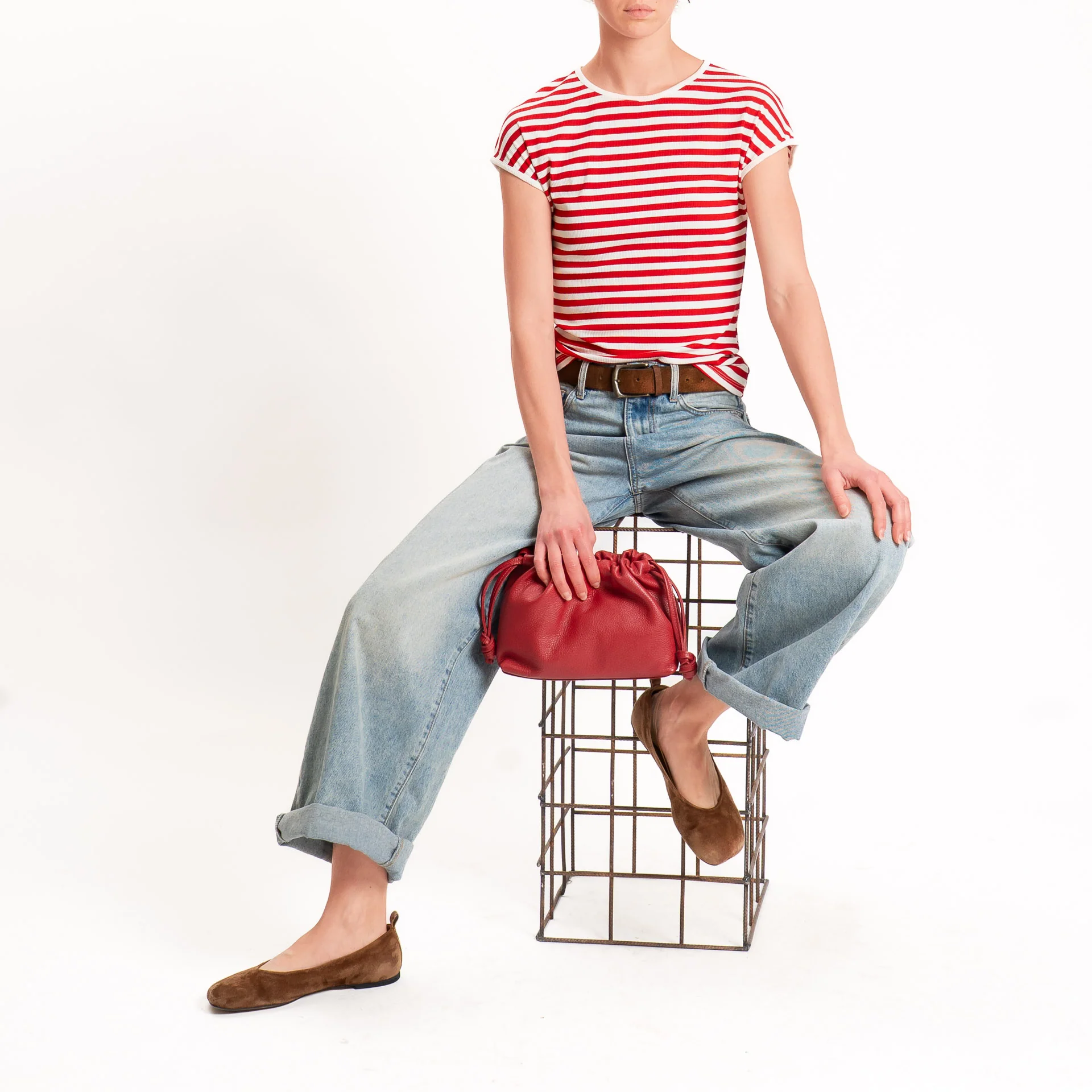 Motel-T-shirt righe a costine elasticizzata - panna/rosso