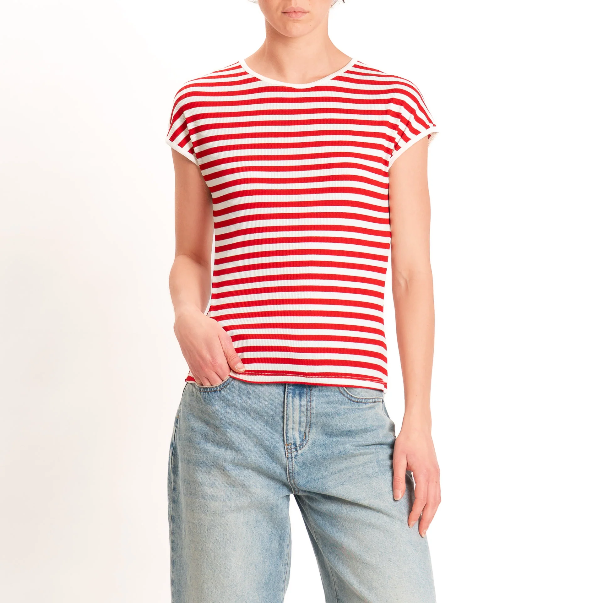Motel-T-shirt righe a costine elasticizzata - panna/rosso - Image 2