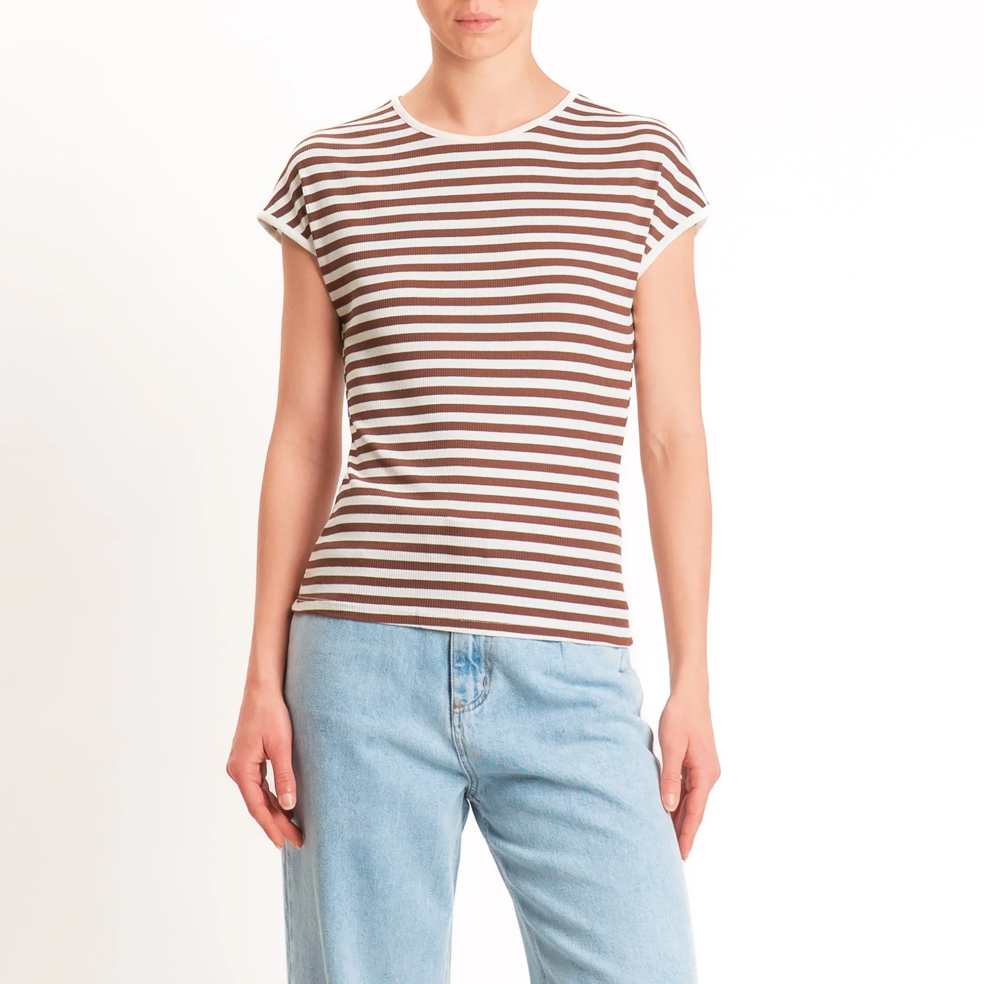 Motel-T-shirt righe a costine elasticizzata - panna/tabacco - Image 2