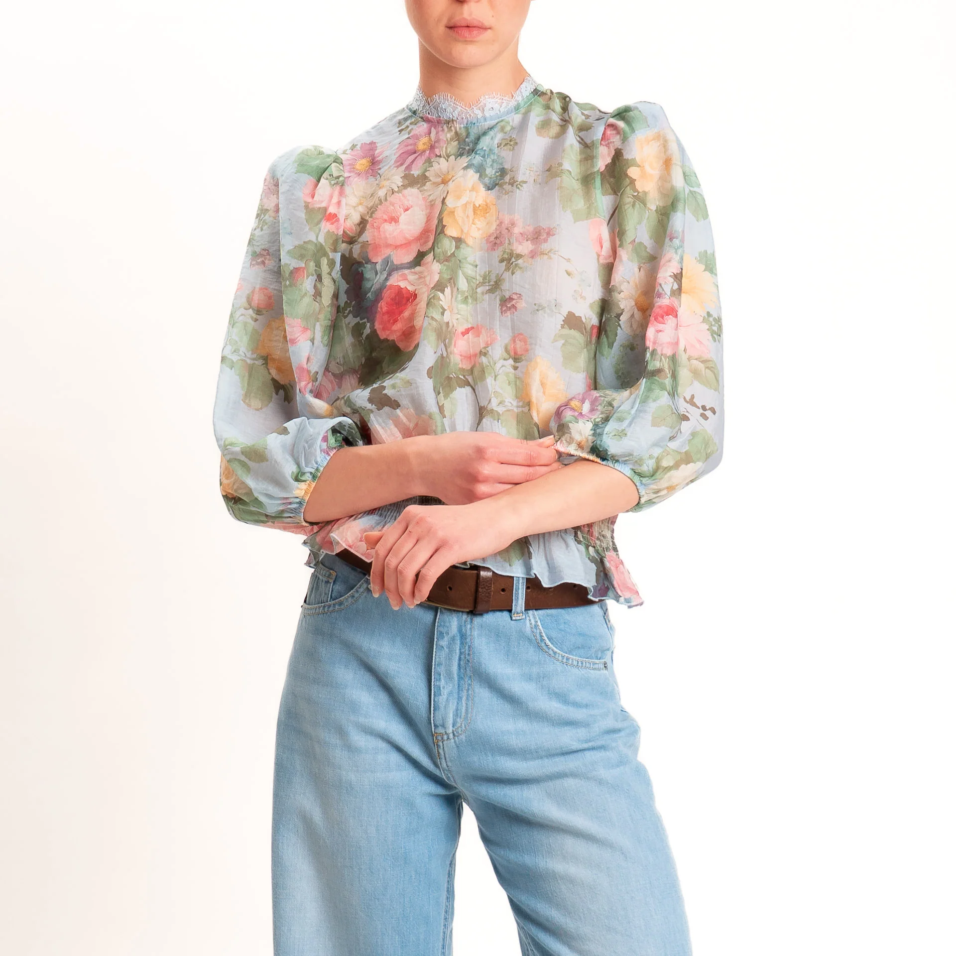 Tensione in-Blusa mussola fantasia floreale - celeste/rosa/verde - Image 2