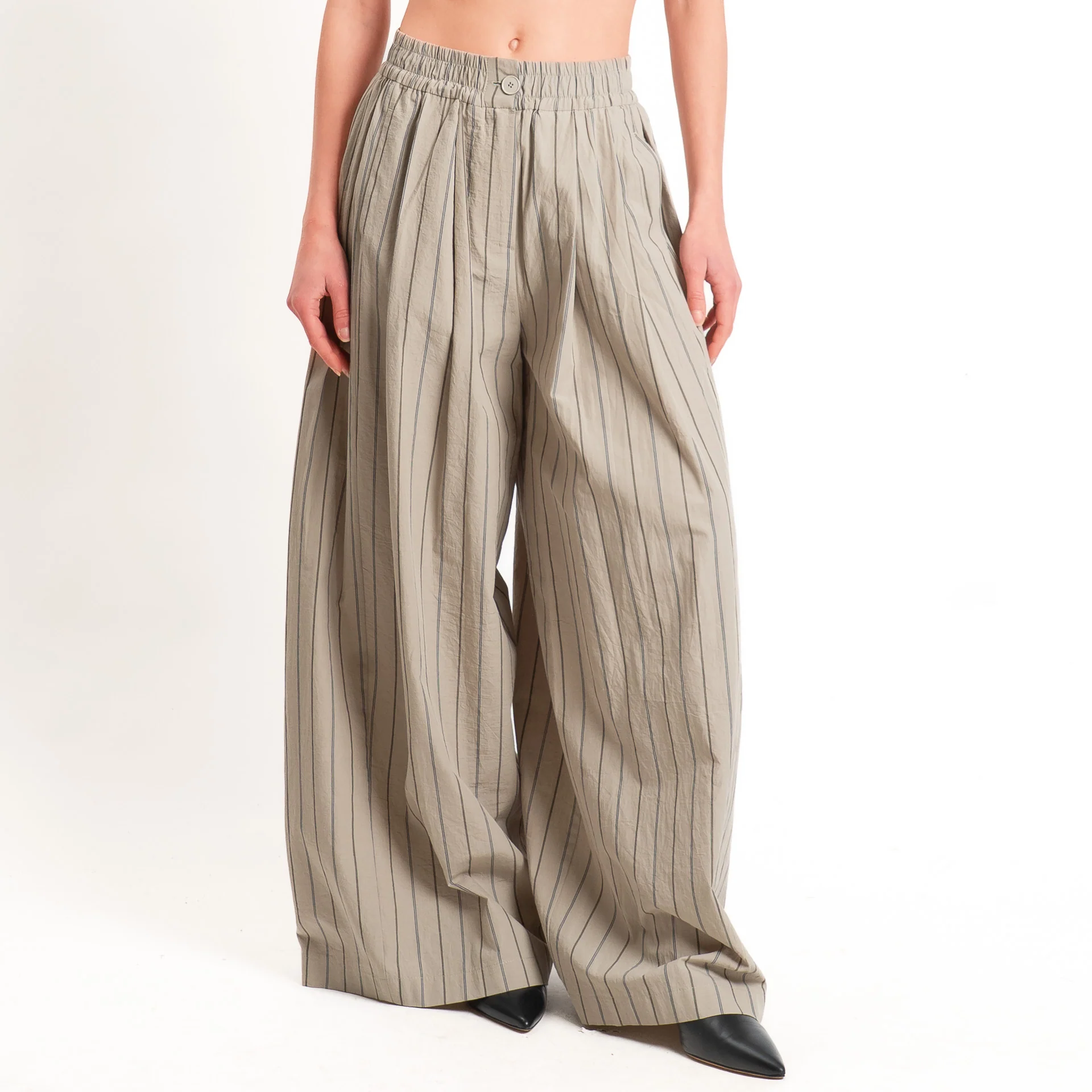 Vicolo-Pantalone gessato wide leg elastico in vita - tortora - Image 2