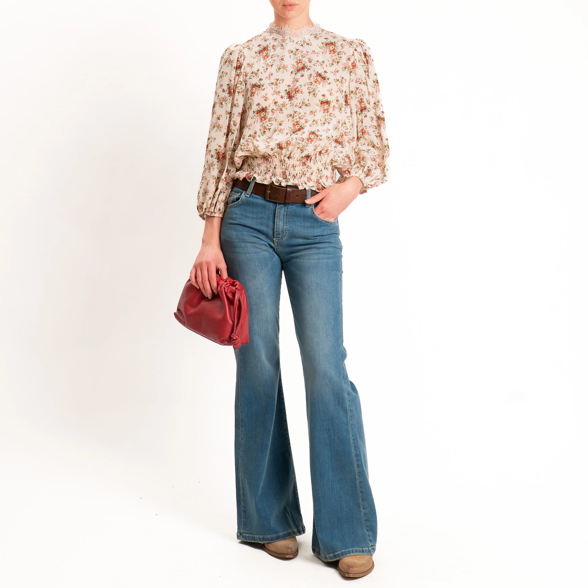 Tensione in-Blusa floreale elastico in vita - cipria/militare/rosso