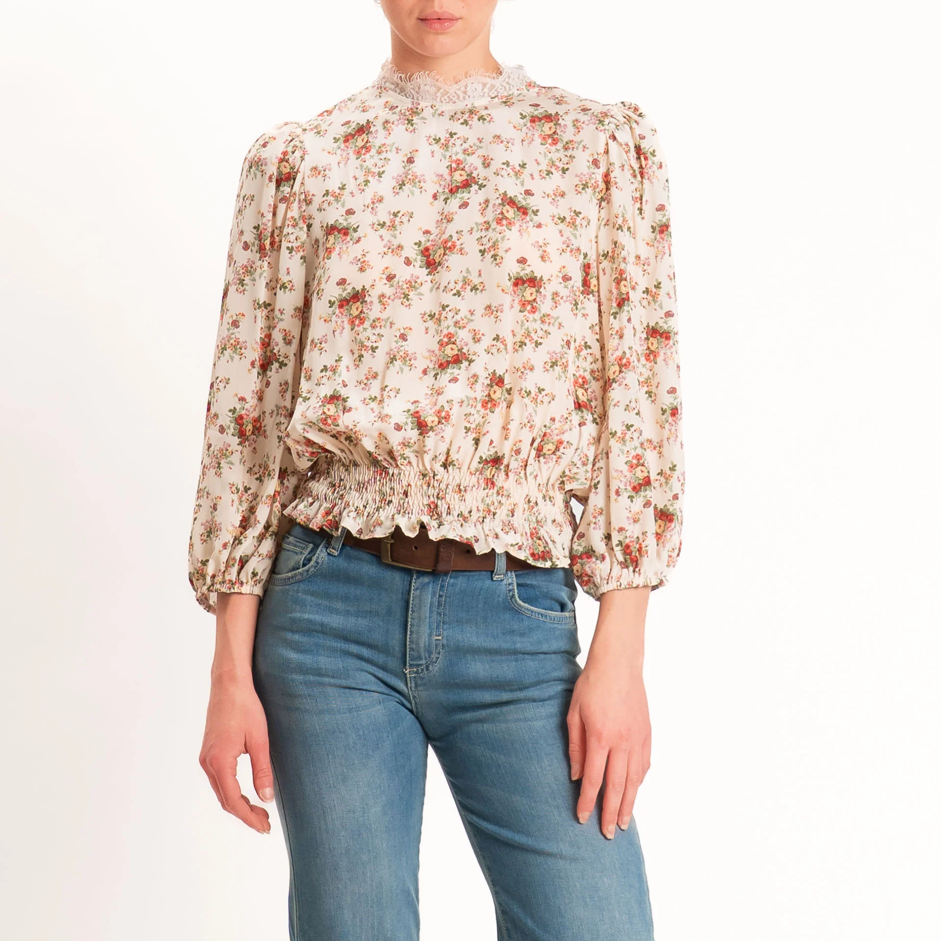Tensione in-Blusa floreale elastico in vita - cipria/militare/rosso - Image 2