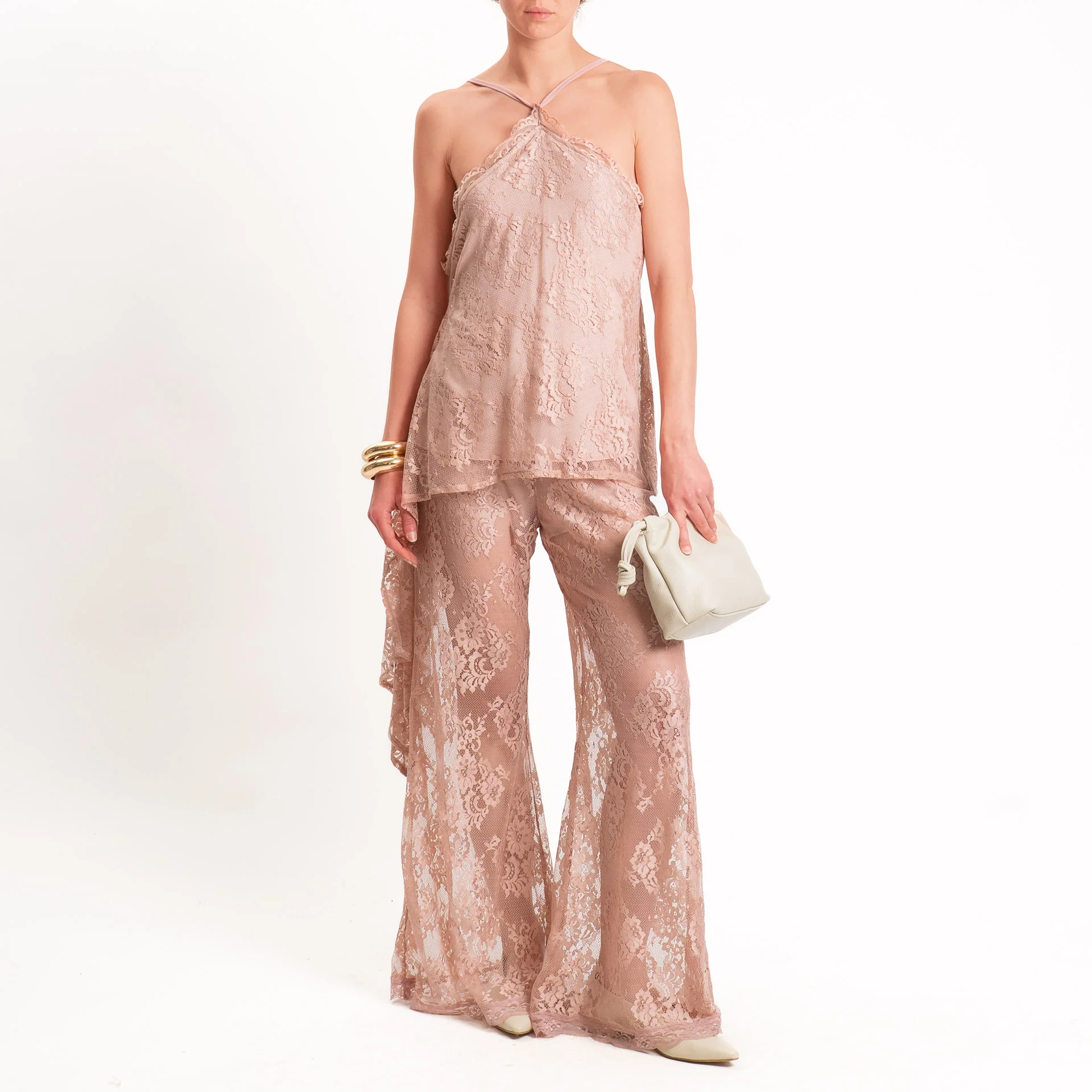 Haveone-Pantalone in pizzo elastico in vita - cipria