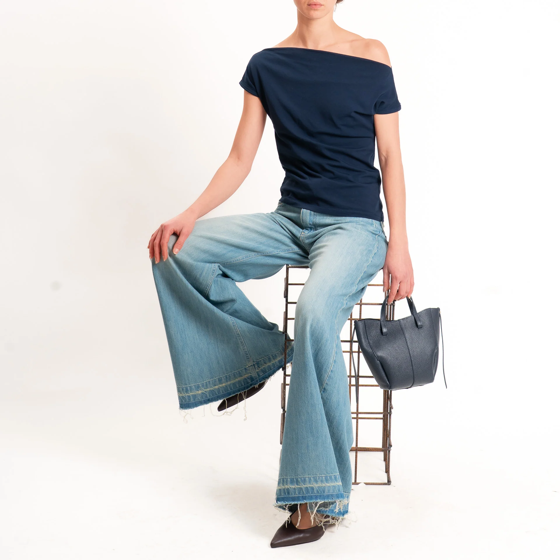 Haveone-T-shirt collo shiffer cotone elasticizzato - blu