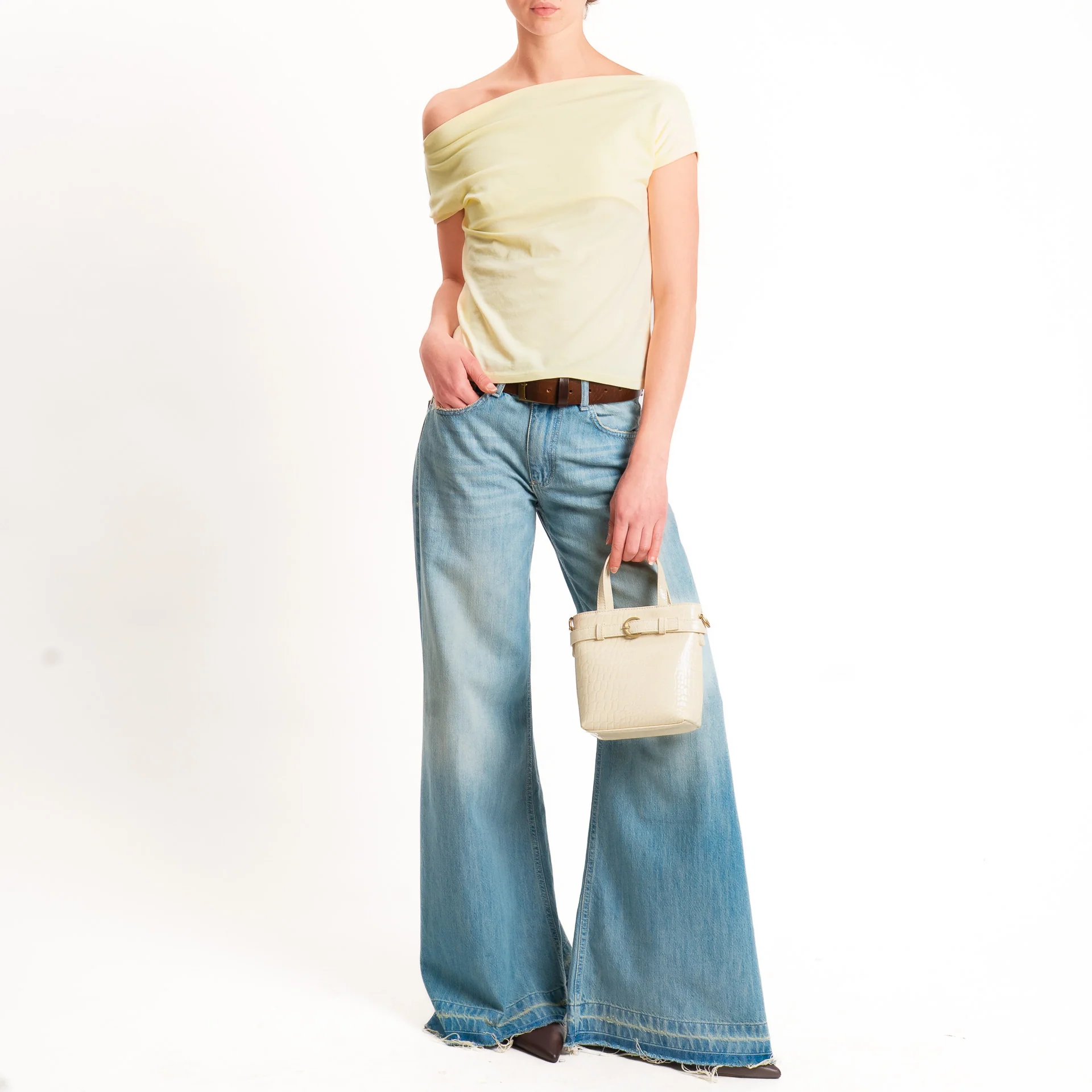 Haveone-T-shirt collo shiffer cotone elasticizzato - giallo