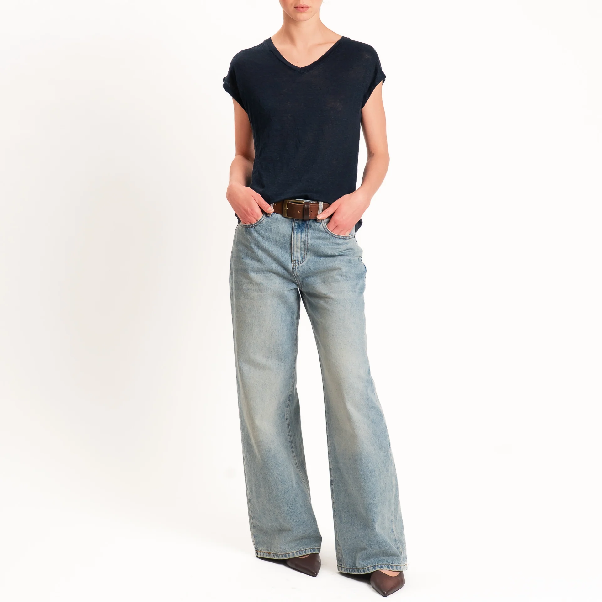 Zeroassoluto-T-shirt scollo v 100% LINO - blu