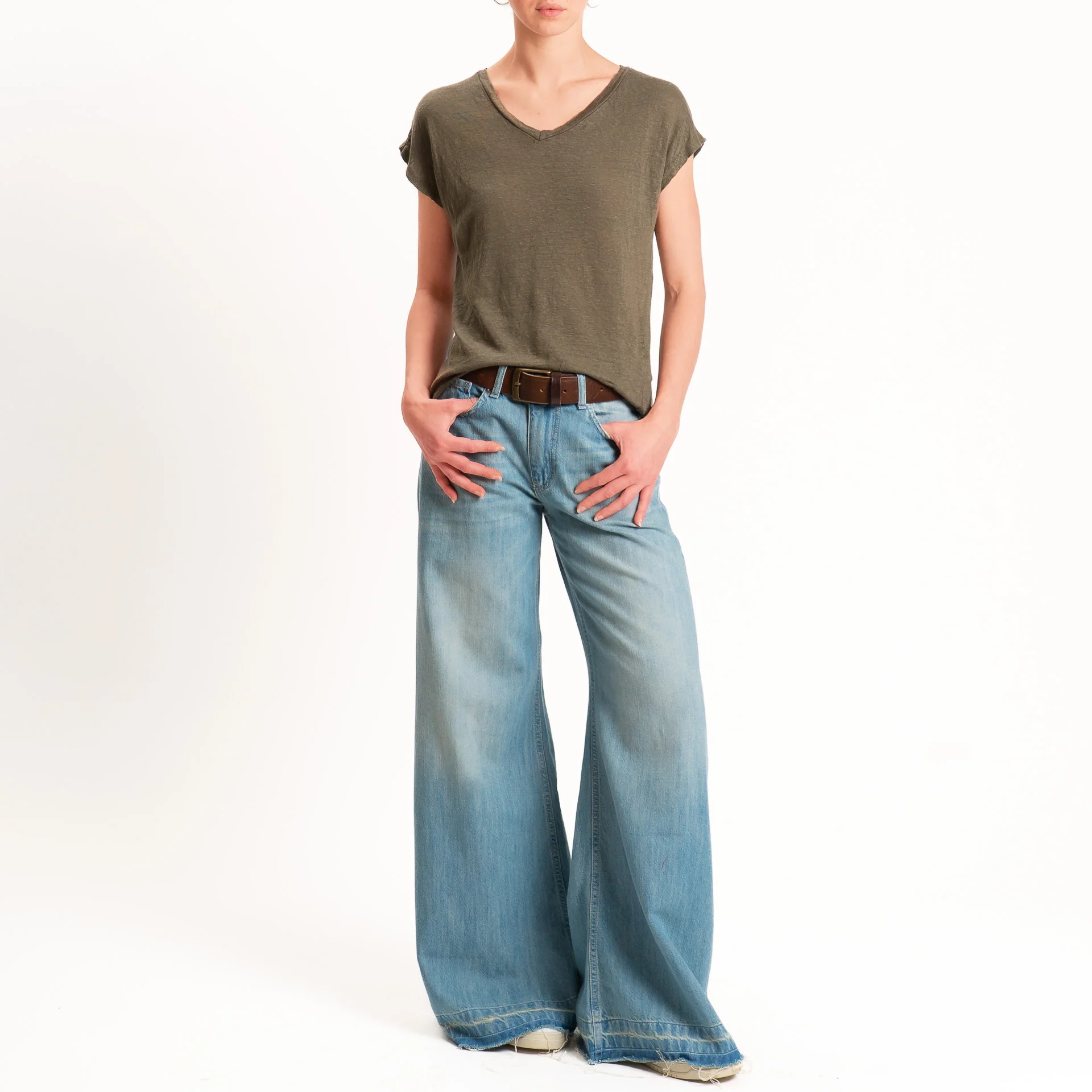 Zeroassoluto-T-shirt scollo v 100% LINO - kaki