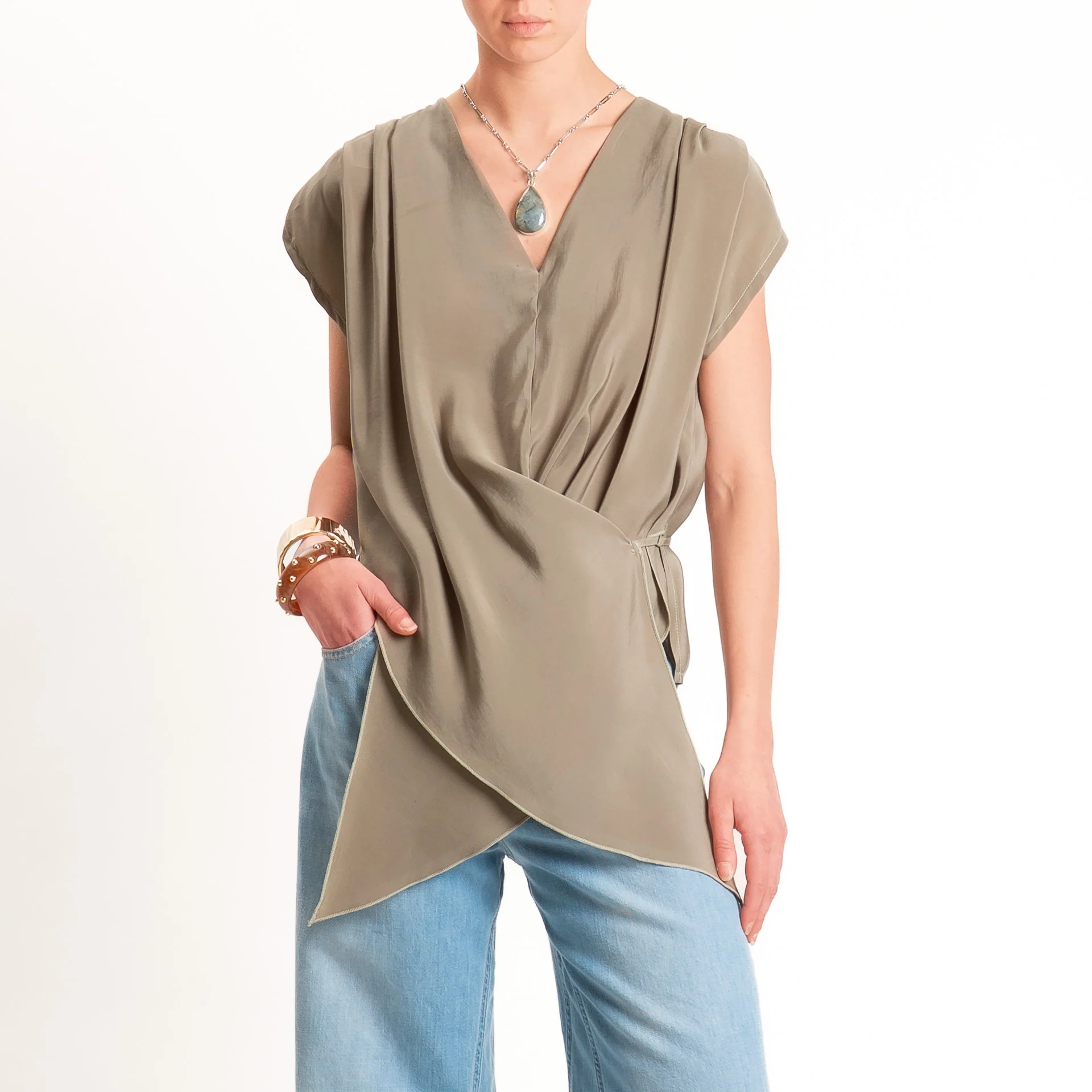 Dixie-Blusa tessuto modal con riprese - salvia - Image 2