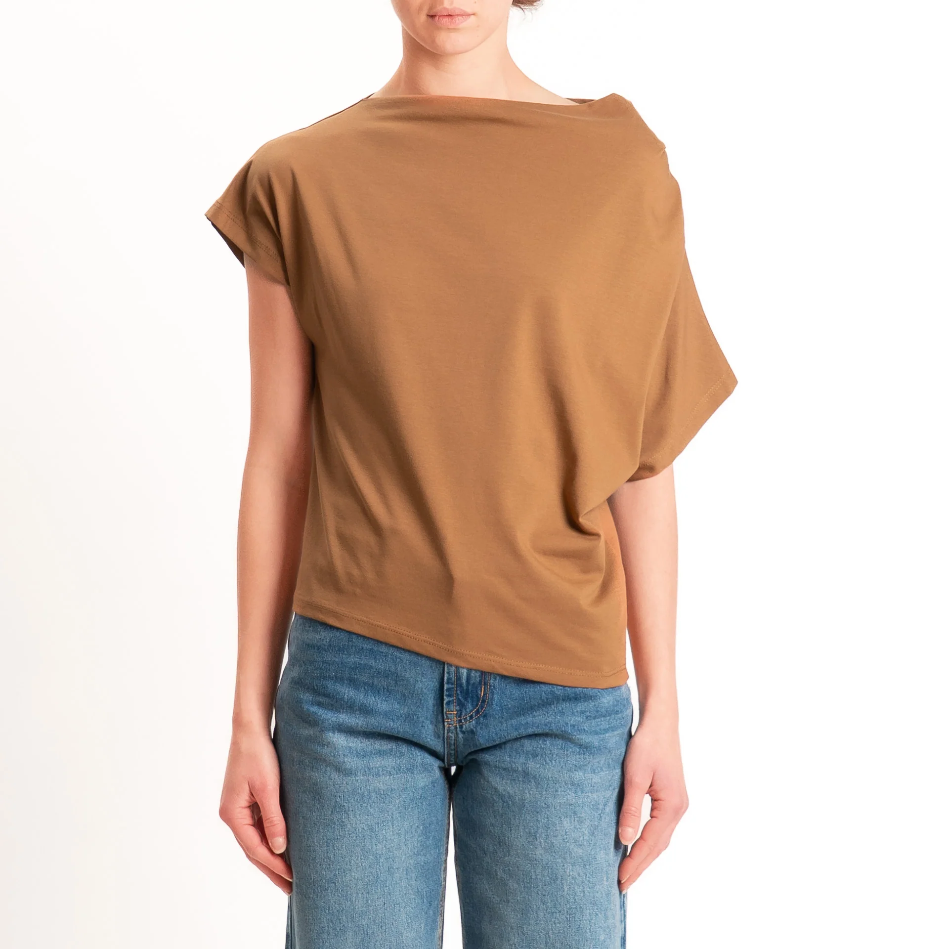 Zeroassoluto-T-shirt asimmetrica jersey elasticizzato - cuoio - Image 4