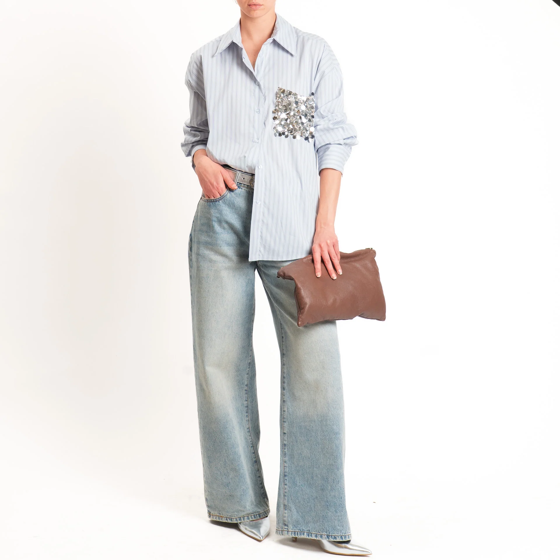 Tensione in-Camicia gessata con tasca paillettes - celeste