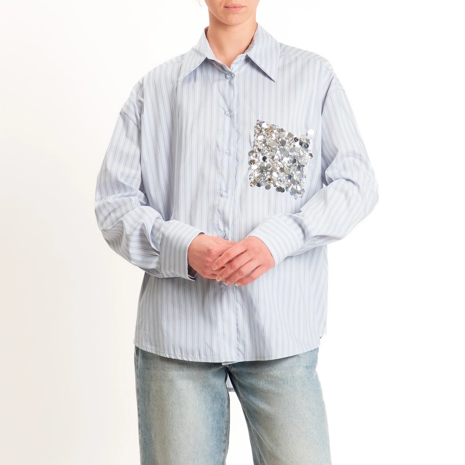 Tensione in-Camicia gessata con tasca paillettes - celeste - Image 2