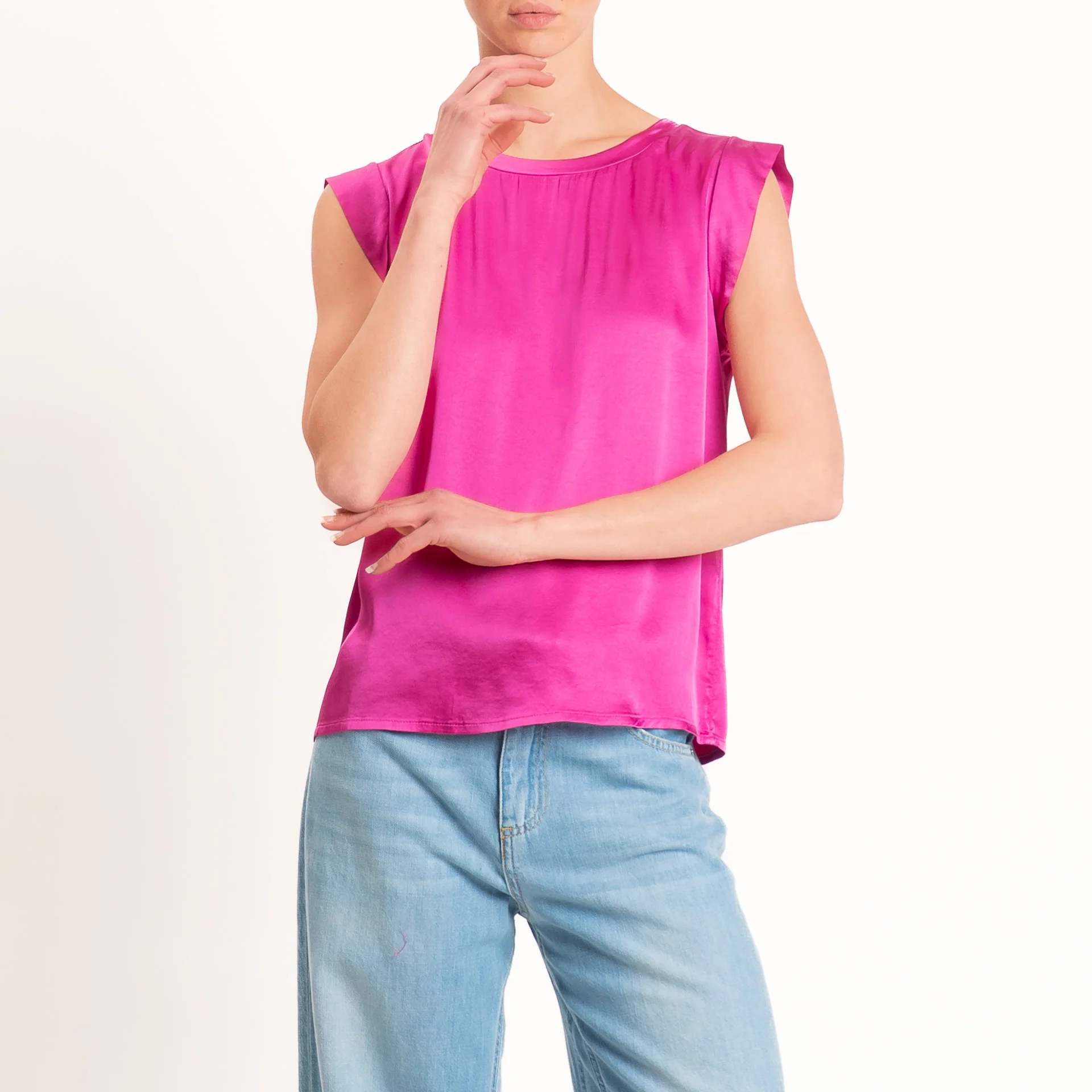 Motel-Blusa smanicata in satin viscosa elasticizzata - fucsia - Image 2