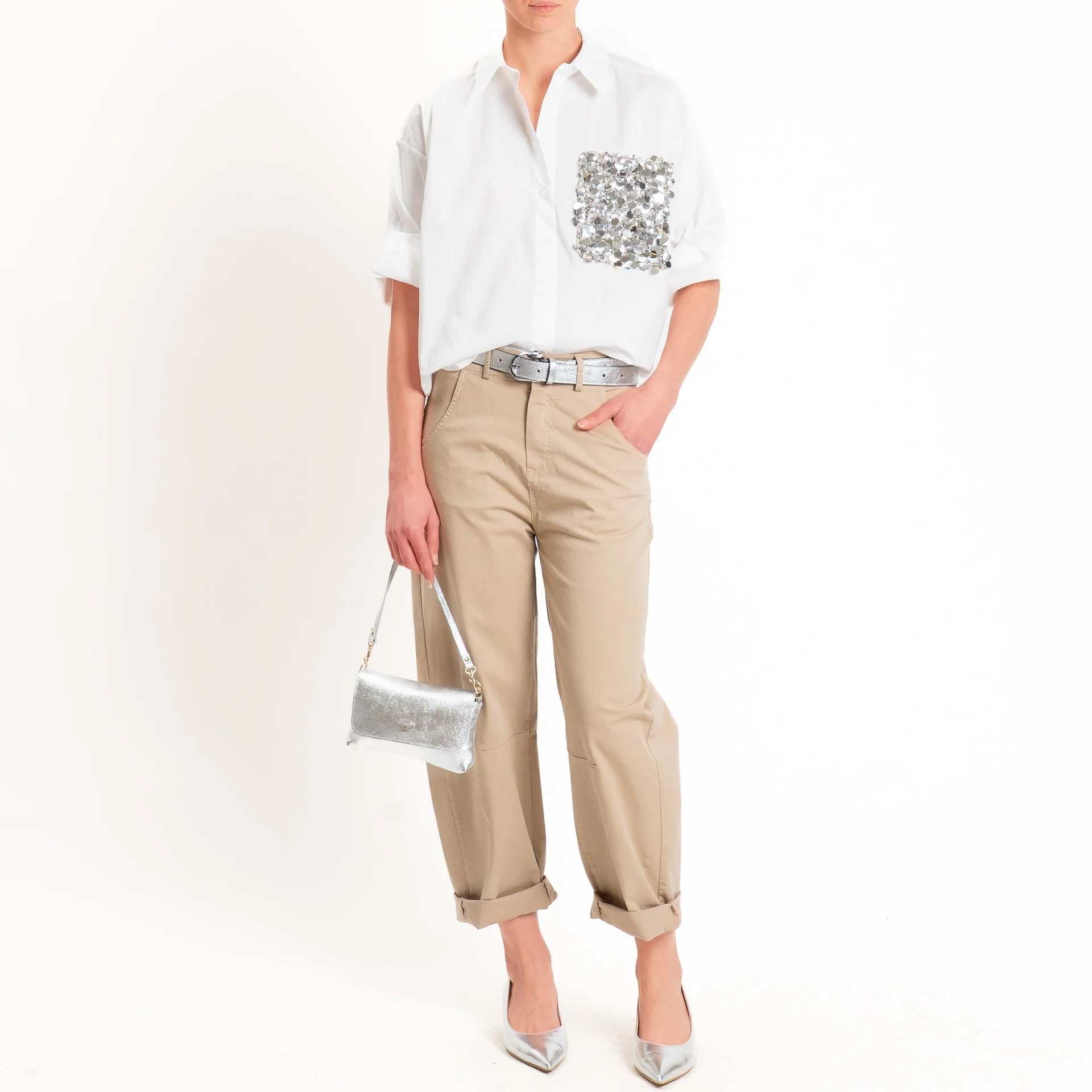 Motel-Camicia con taschino maxi pailettes - bianco