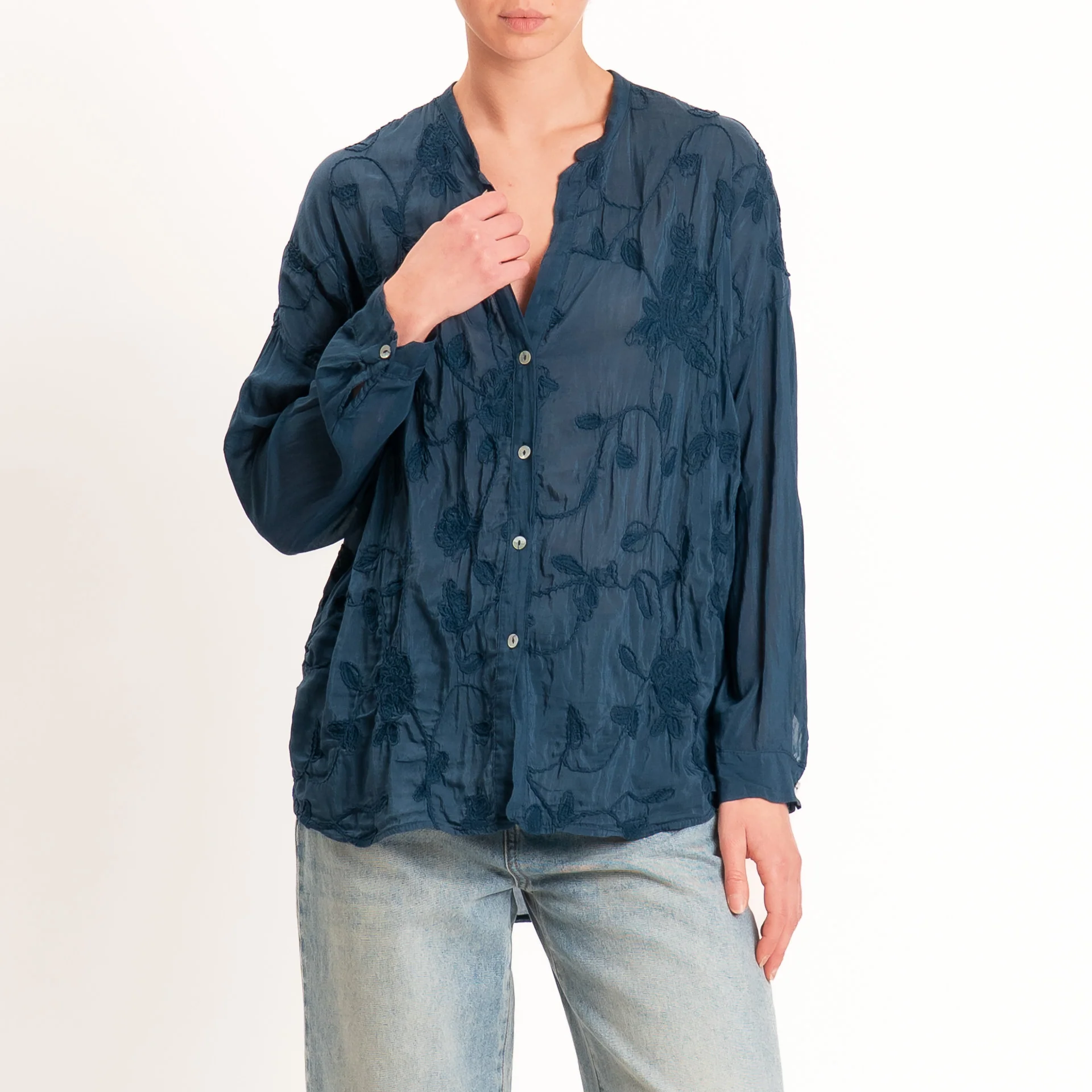 Motel-Camicia mussola misto seta con ricami - blu - Image 2