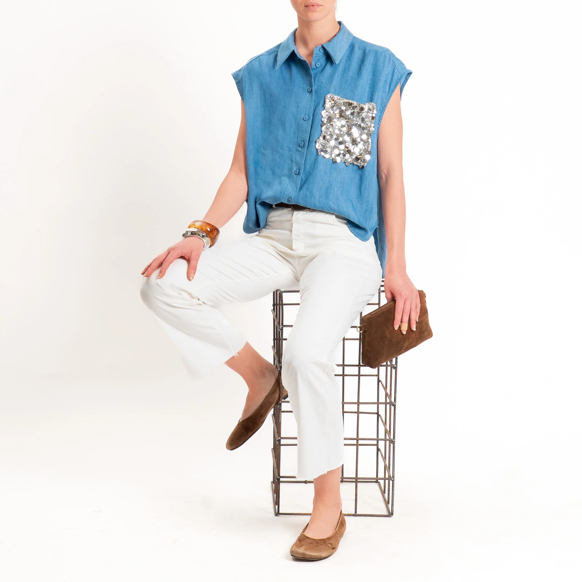 Tensione in-Camicia smanicata chambray tasca paillettes - denim chiaro