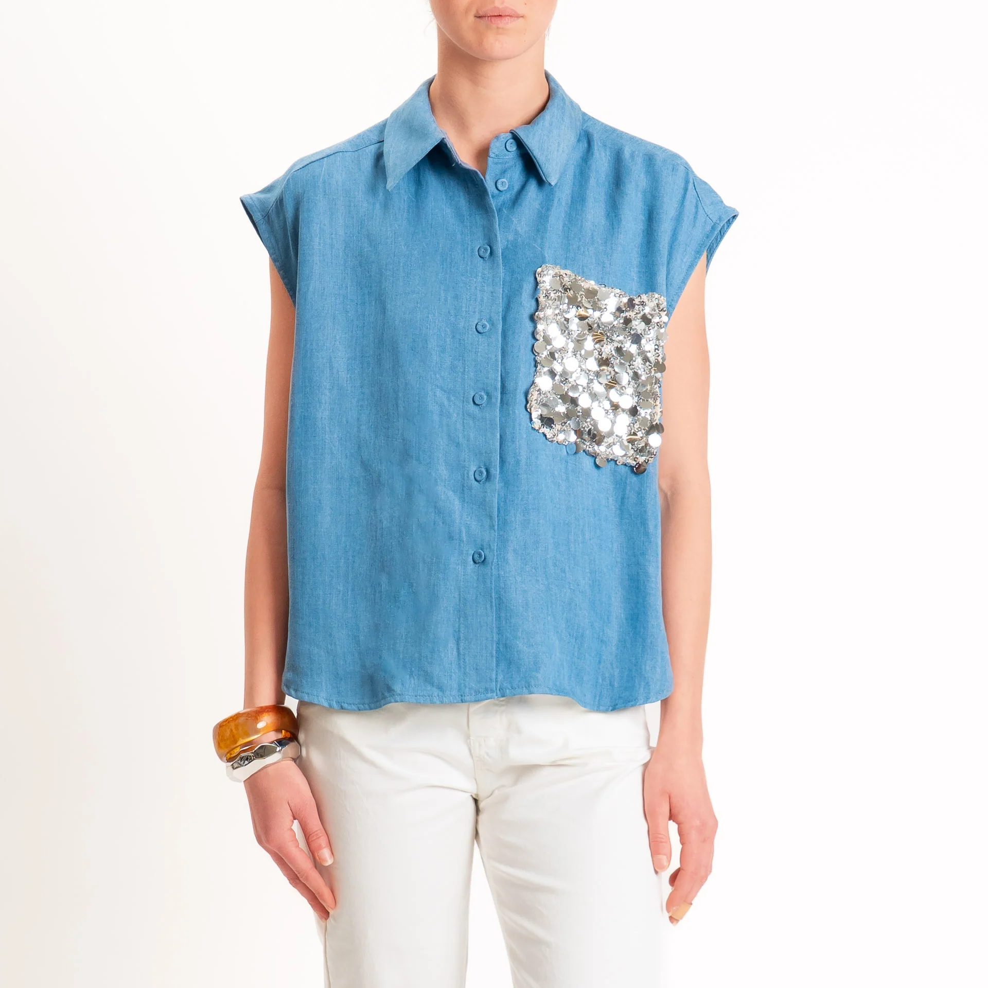 Tensione in-Camicia smanicata chambray tasca paillettes - denim chiaro - Image 2