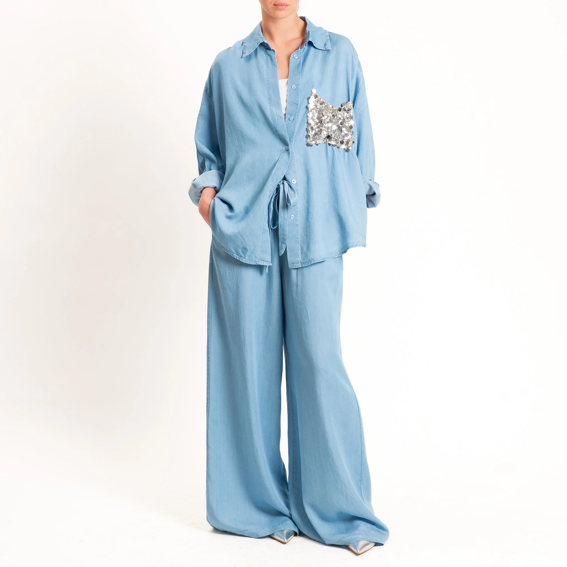 Tensione in-Pantalone chambray wide leg elastico in vita - denim chiaro - Image 3
