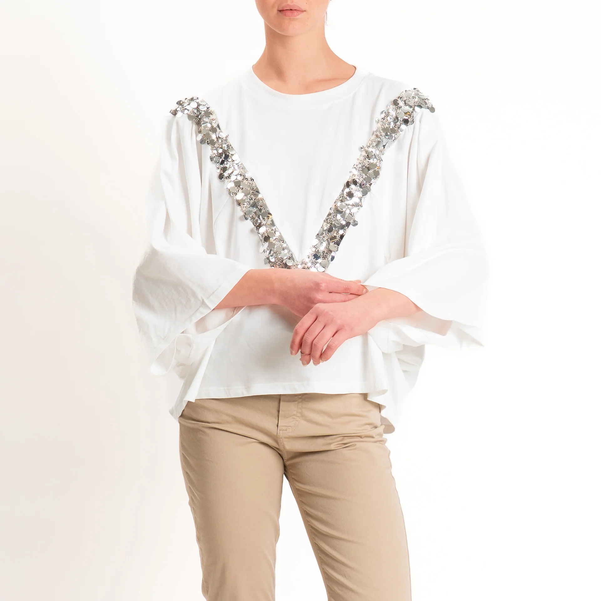 Tensione in-T-shirt scatola manica ampia con paillettes - panna