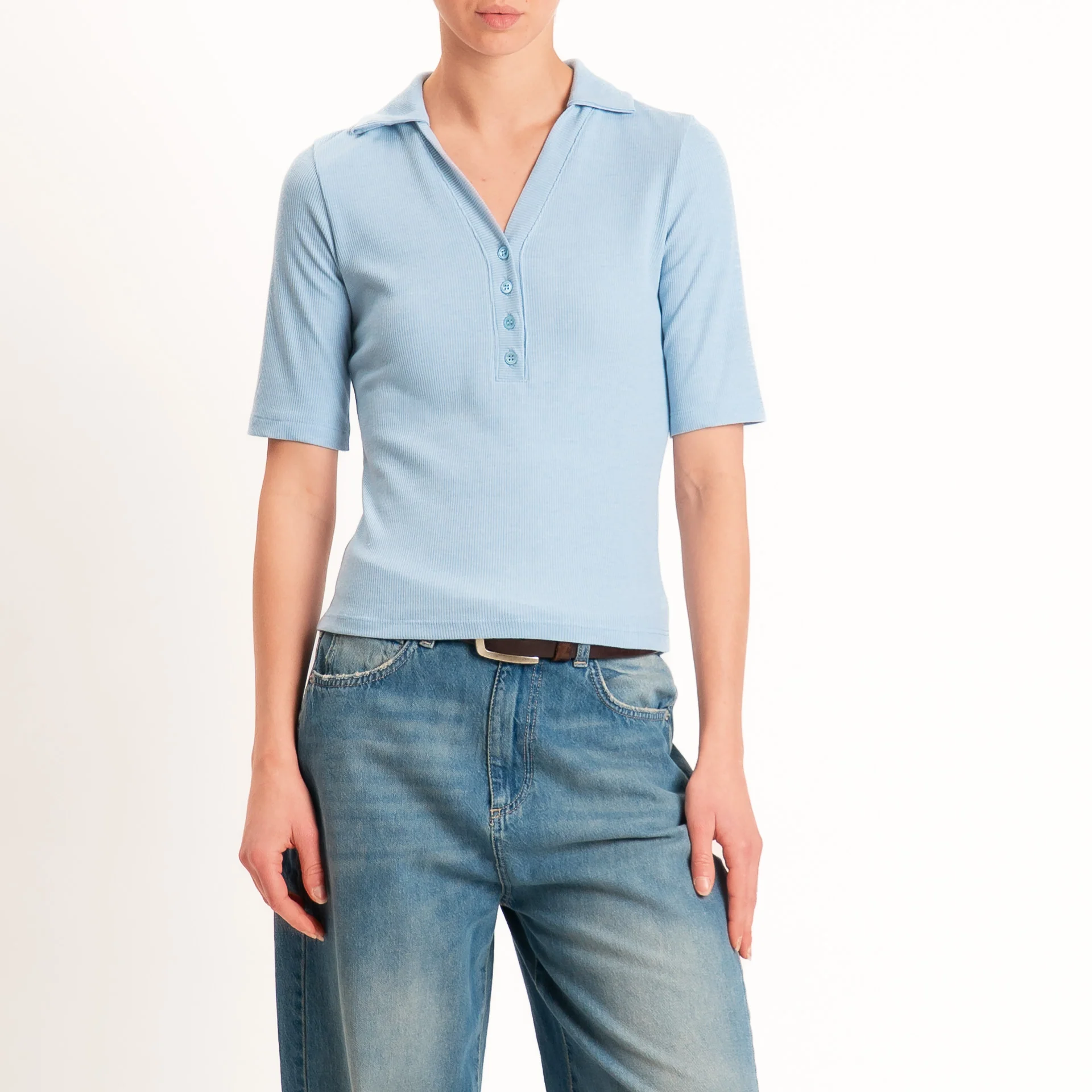 Vicolo-T-shirt a costine scollo polo - azzurro - Image 2