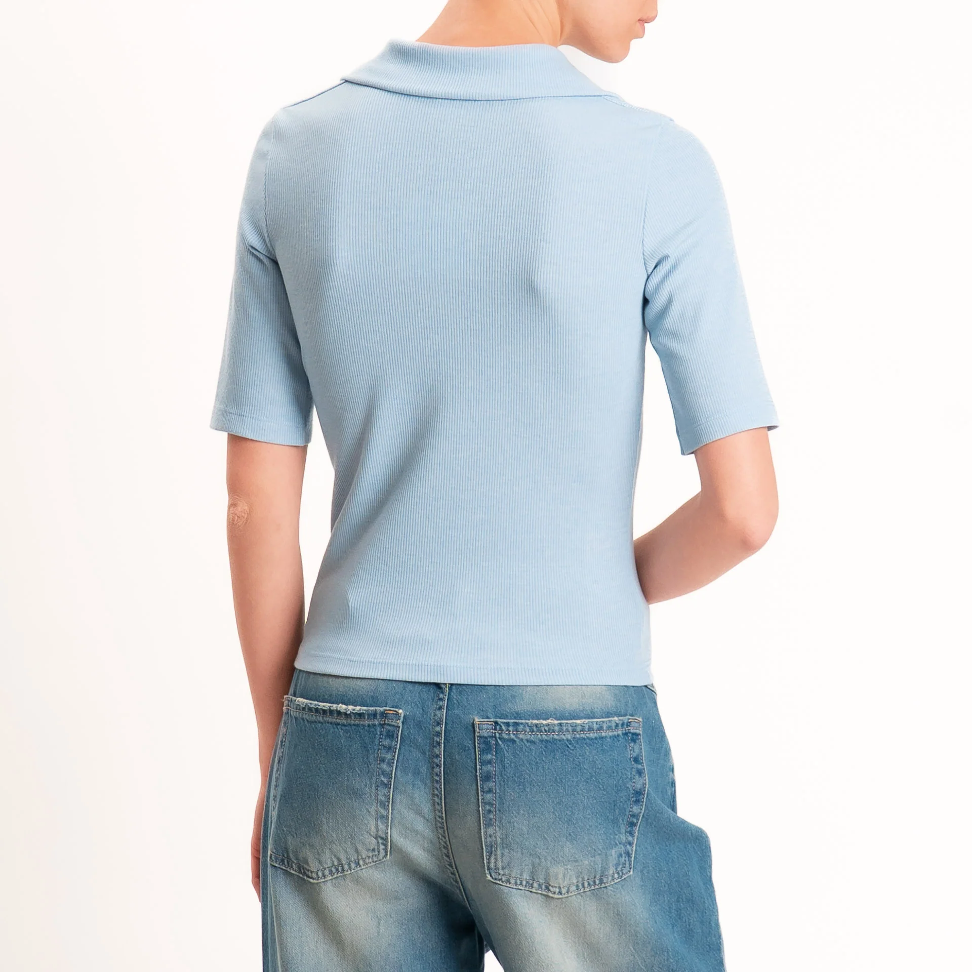 Vicolo-T-shirt a costine scollo polo - azzurro - Image 3