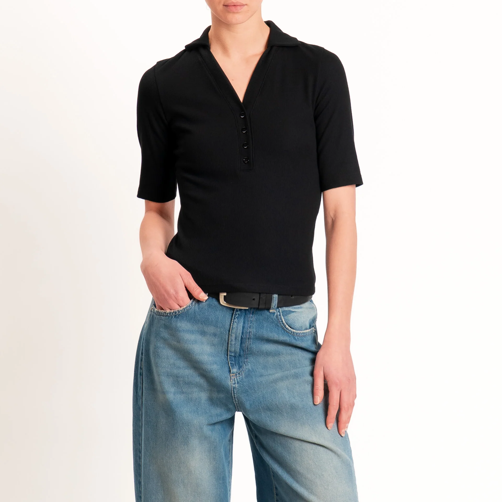 Vicolo-T-shirt a costine scollo polo - Nero - Image 2