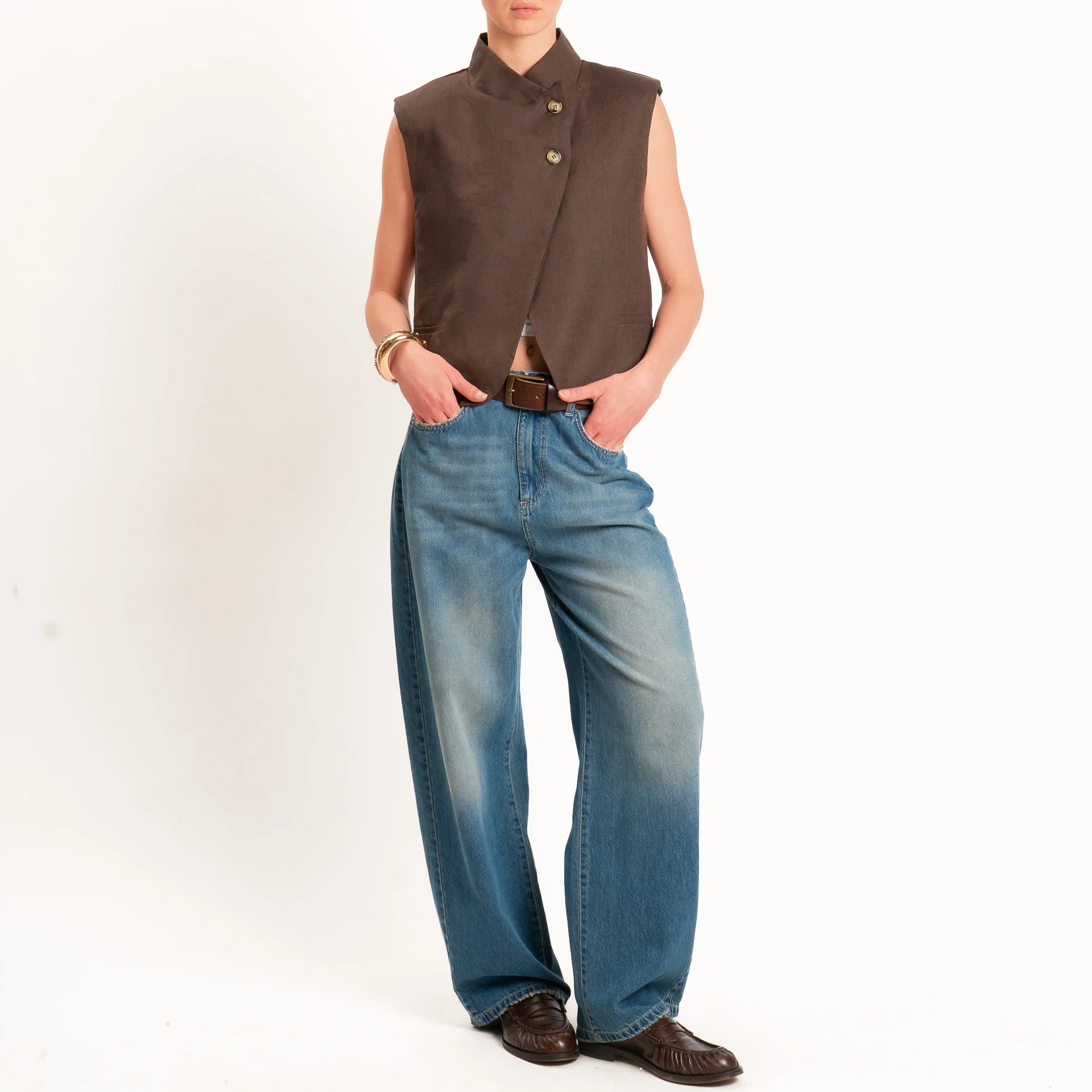 Vicolo-Gilet 100% lino chiusura asimmetrica - moro