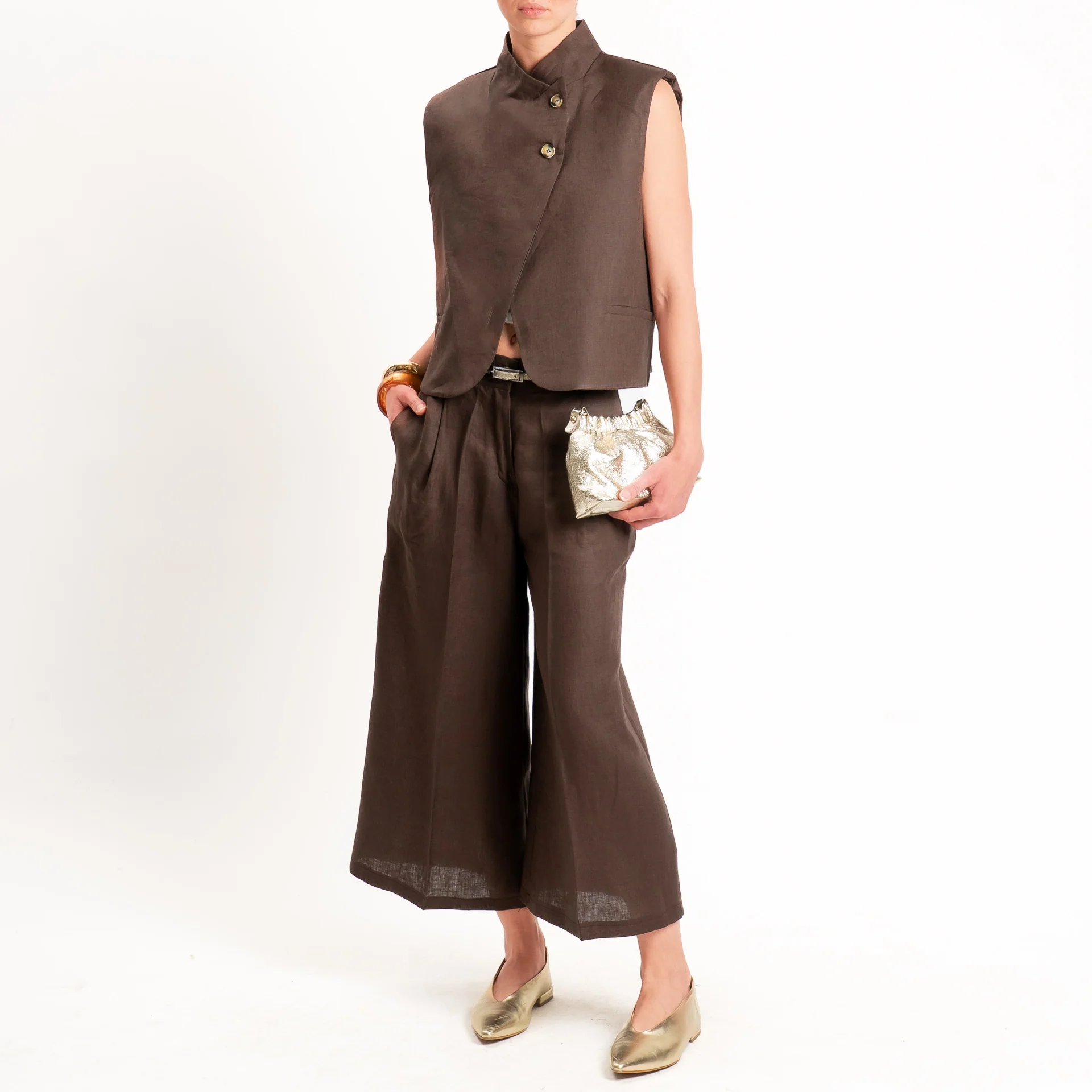 Vicolo-Gilet 100% lino chiusura asimmetrica - moro - Image 3
