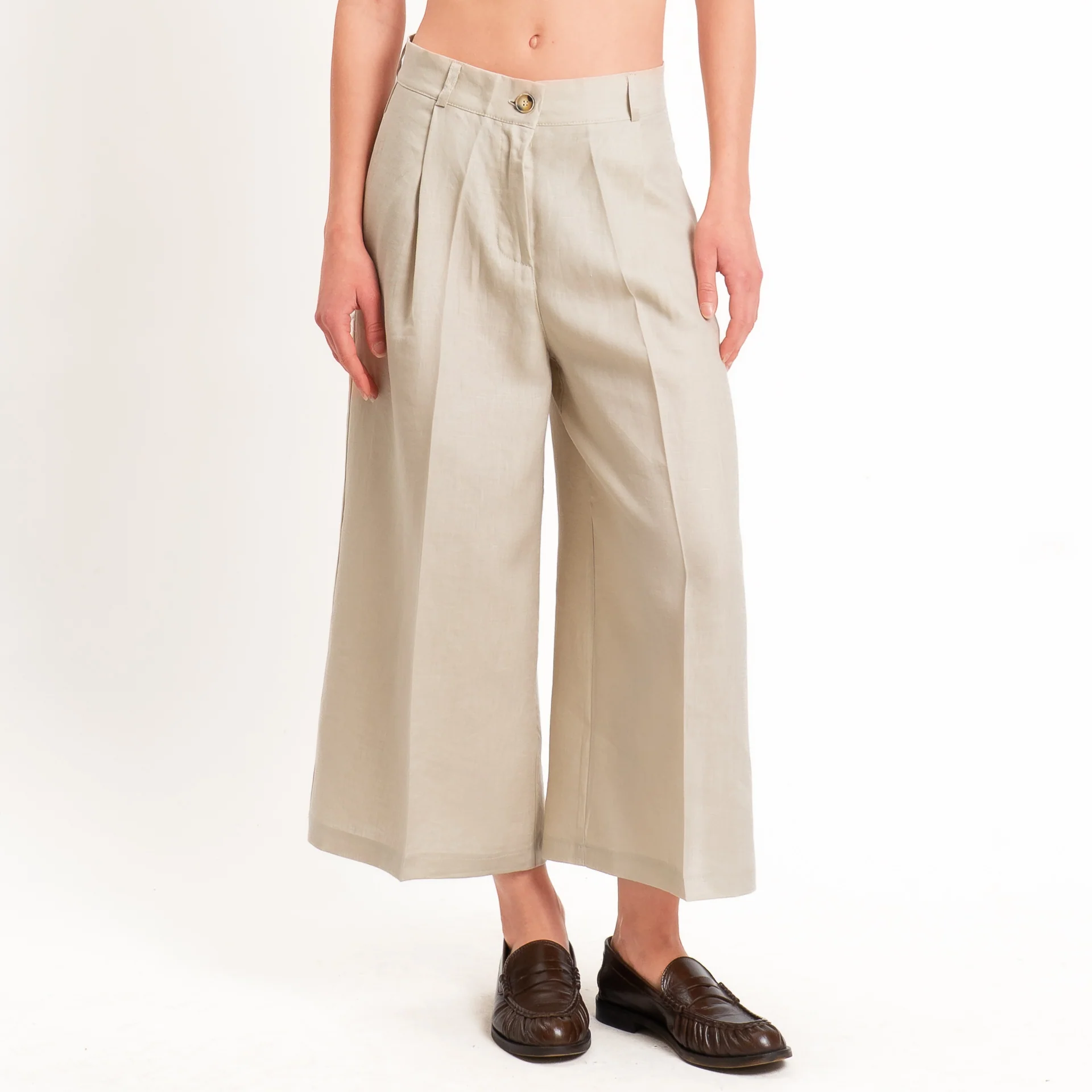 Vicolo-Pantalone cropped 100% lino con pinces - sand - Image 2