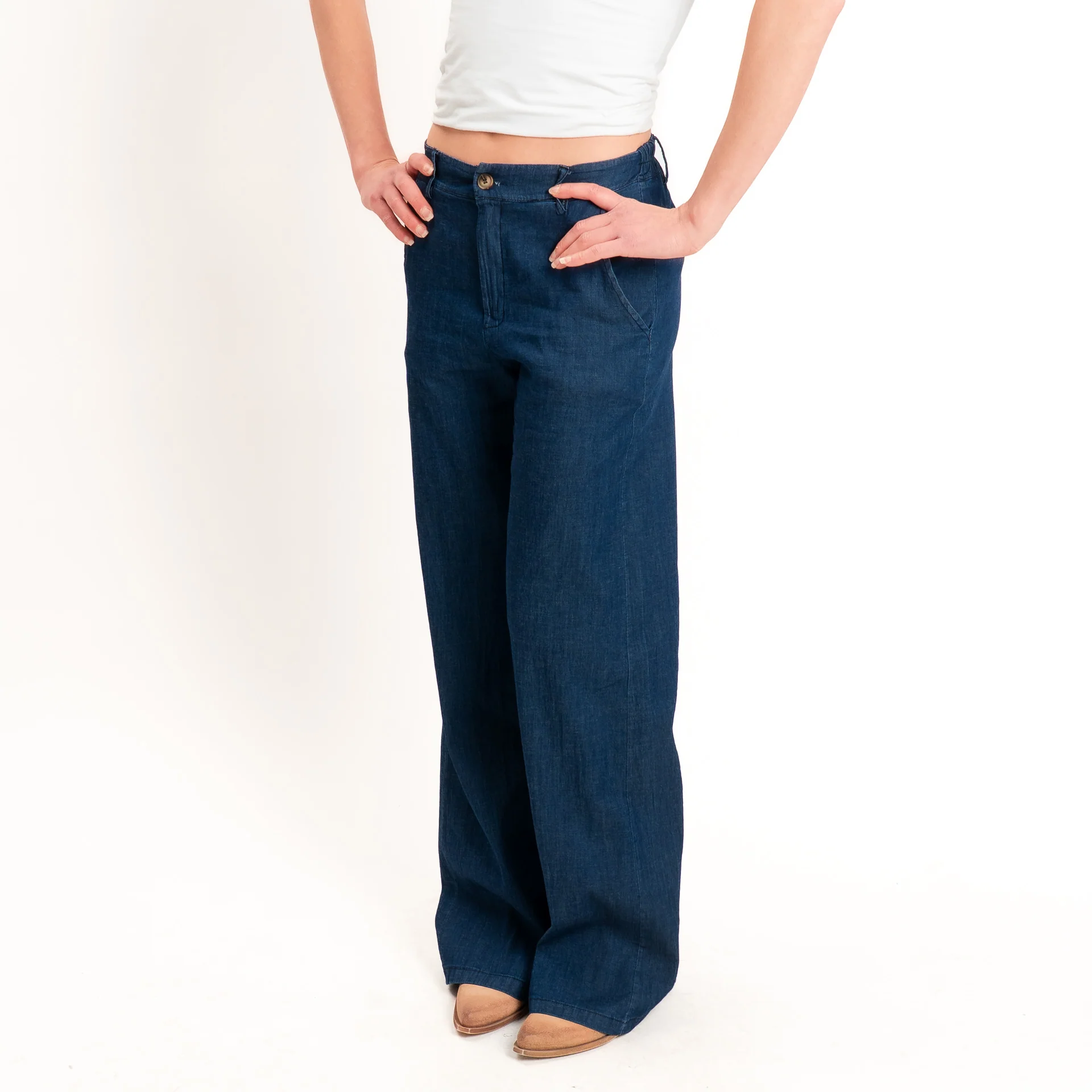 Zeroassoluto-Pantalone LILLY palazzo chambray leggero elasticizzato - denim blu - Image 6