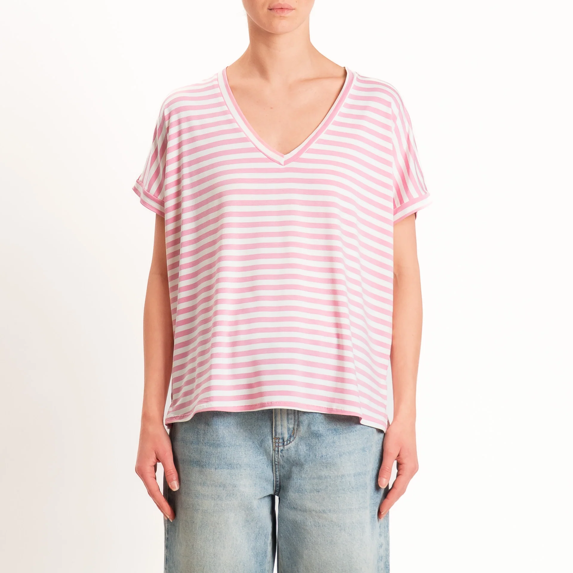 Zeroassoluto-T-shirt a righe scollo a v in jersey di viscosa elasticizzata - pink/latte - Image 3