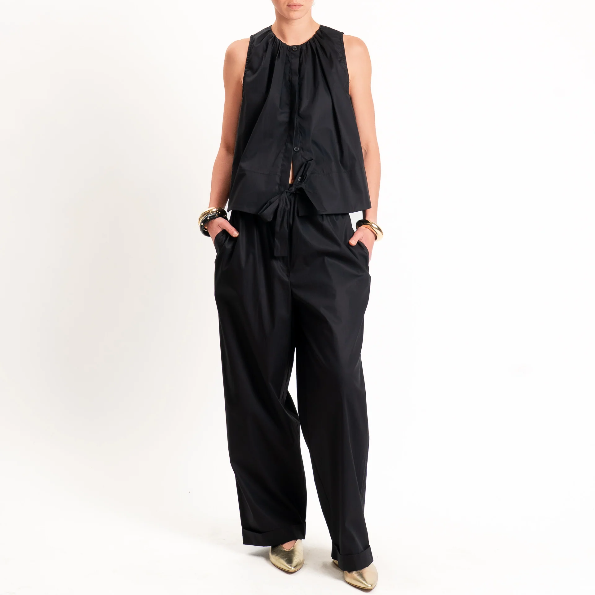Motel-Pantalone popeline con coulisse - nero