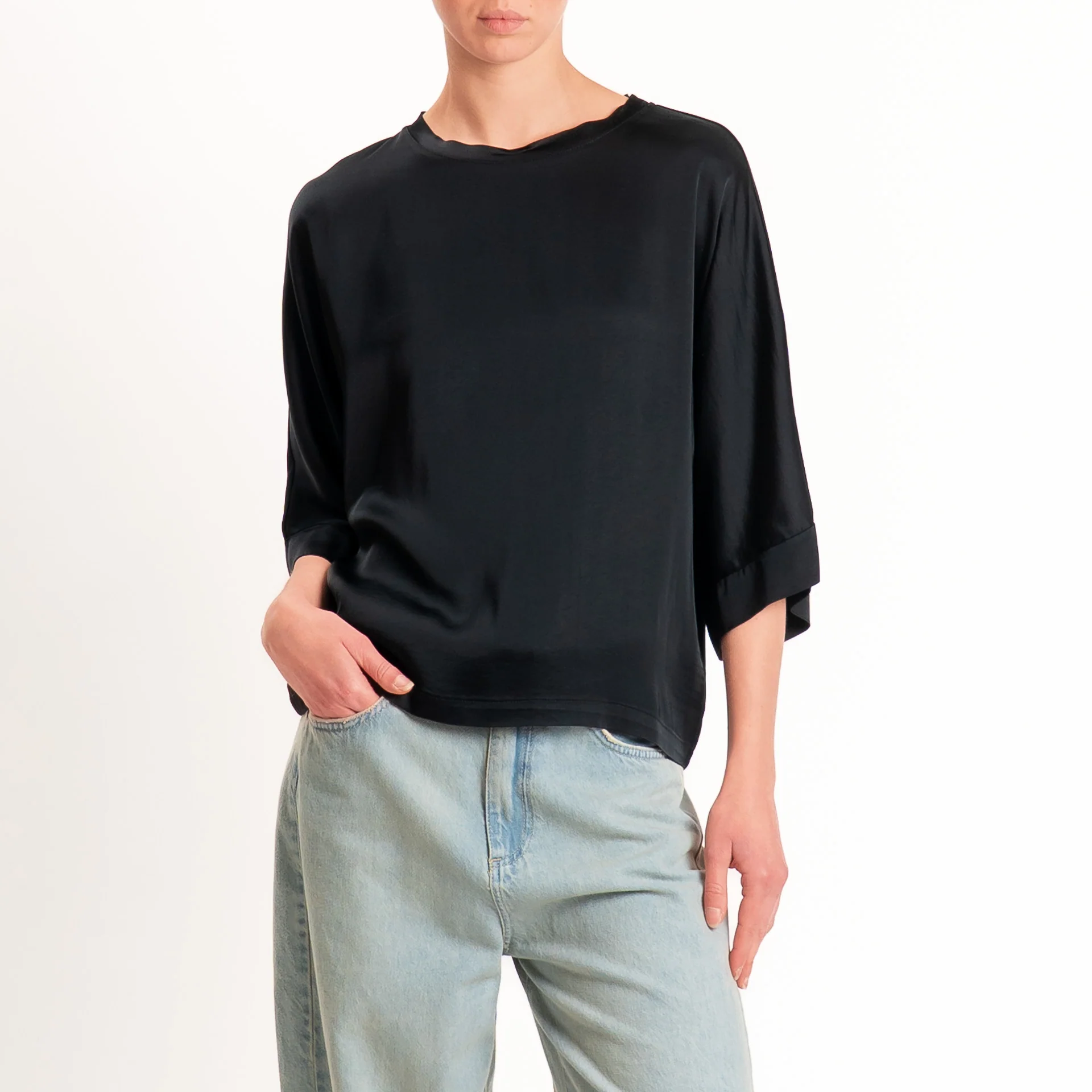 Tensione in-Blusa scatola manica 3/4 satin elasticizzato - nero - Image 2