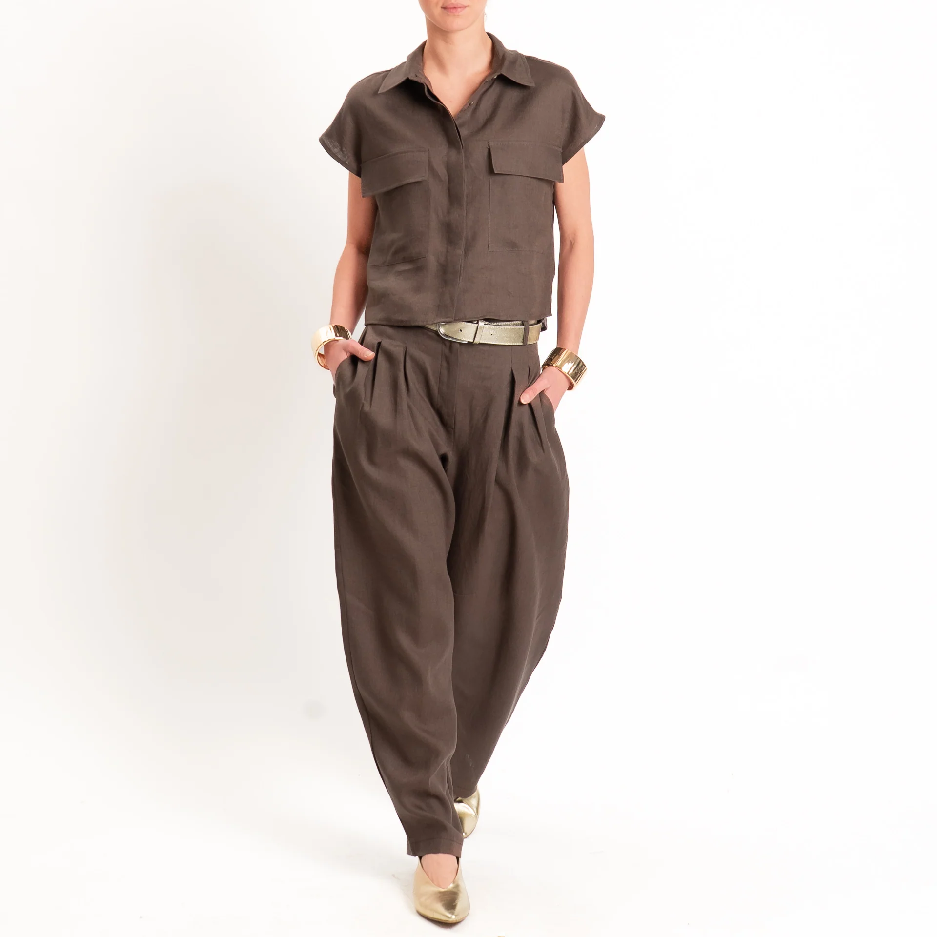 Tensione in-Pantalone barrel 100% lino - moro