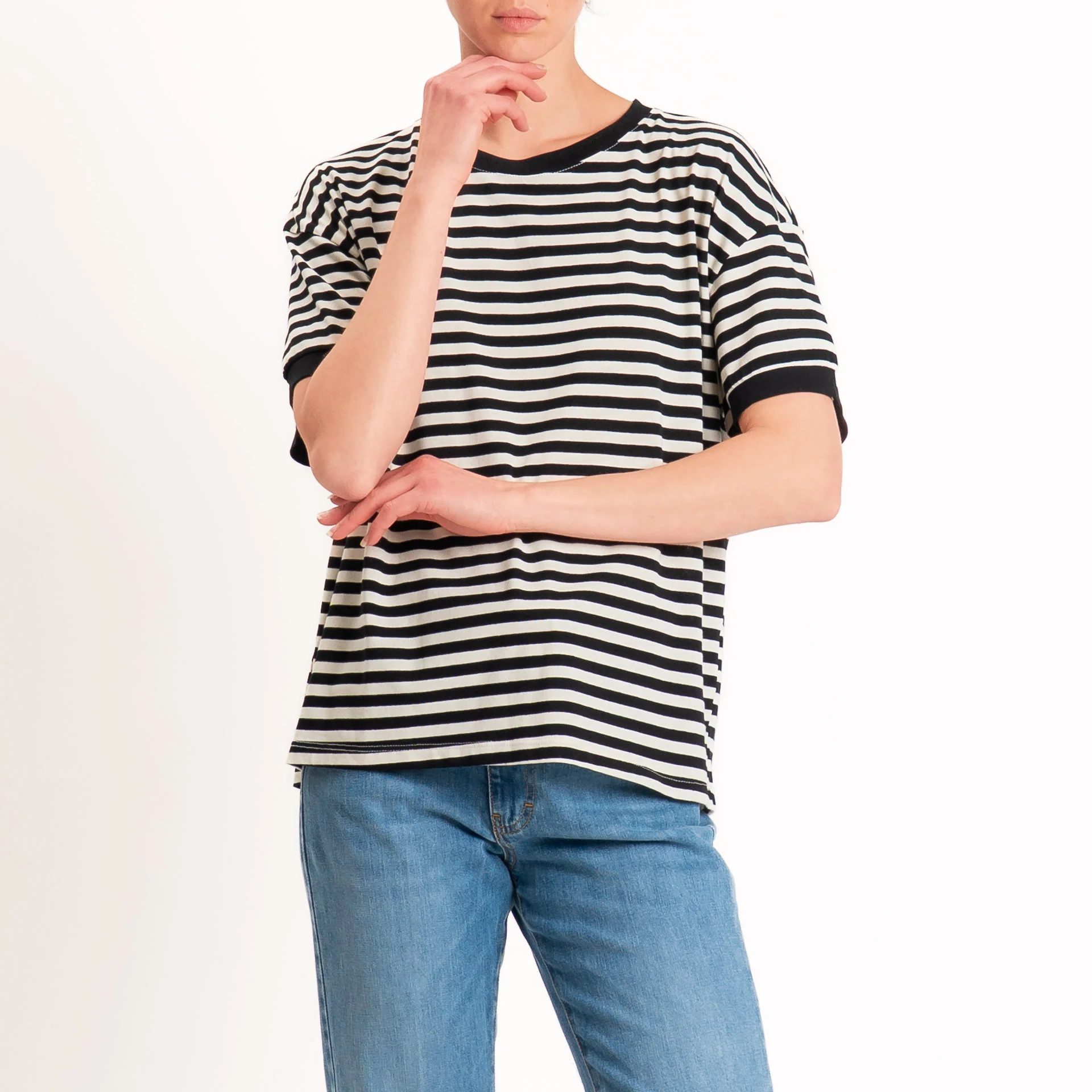 Tensione in-T-shirt in jersey a righe - nero/panna