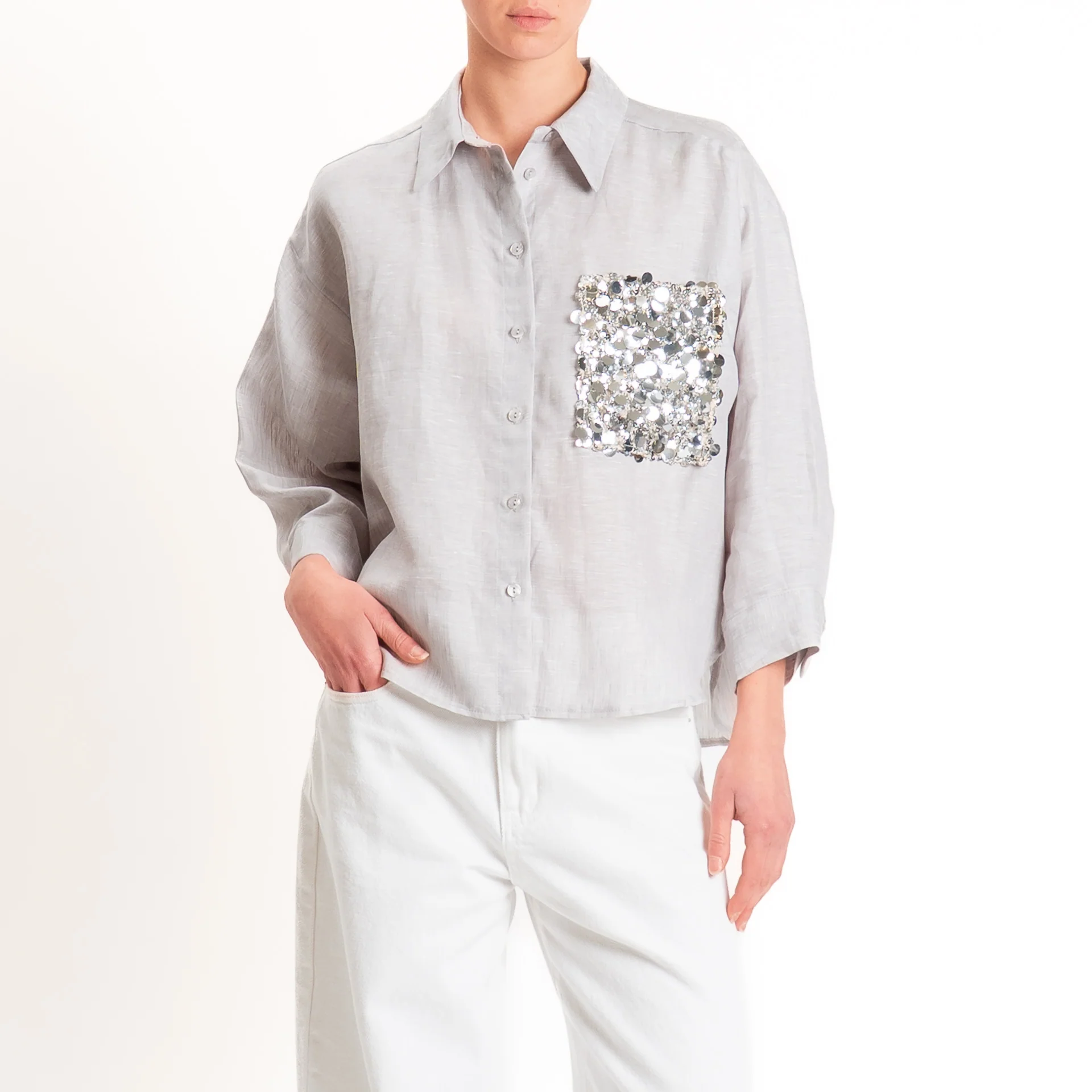 Tensione in-Camicia 100% lino tasca paillettes - perla - Image 2