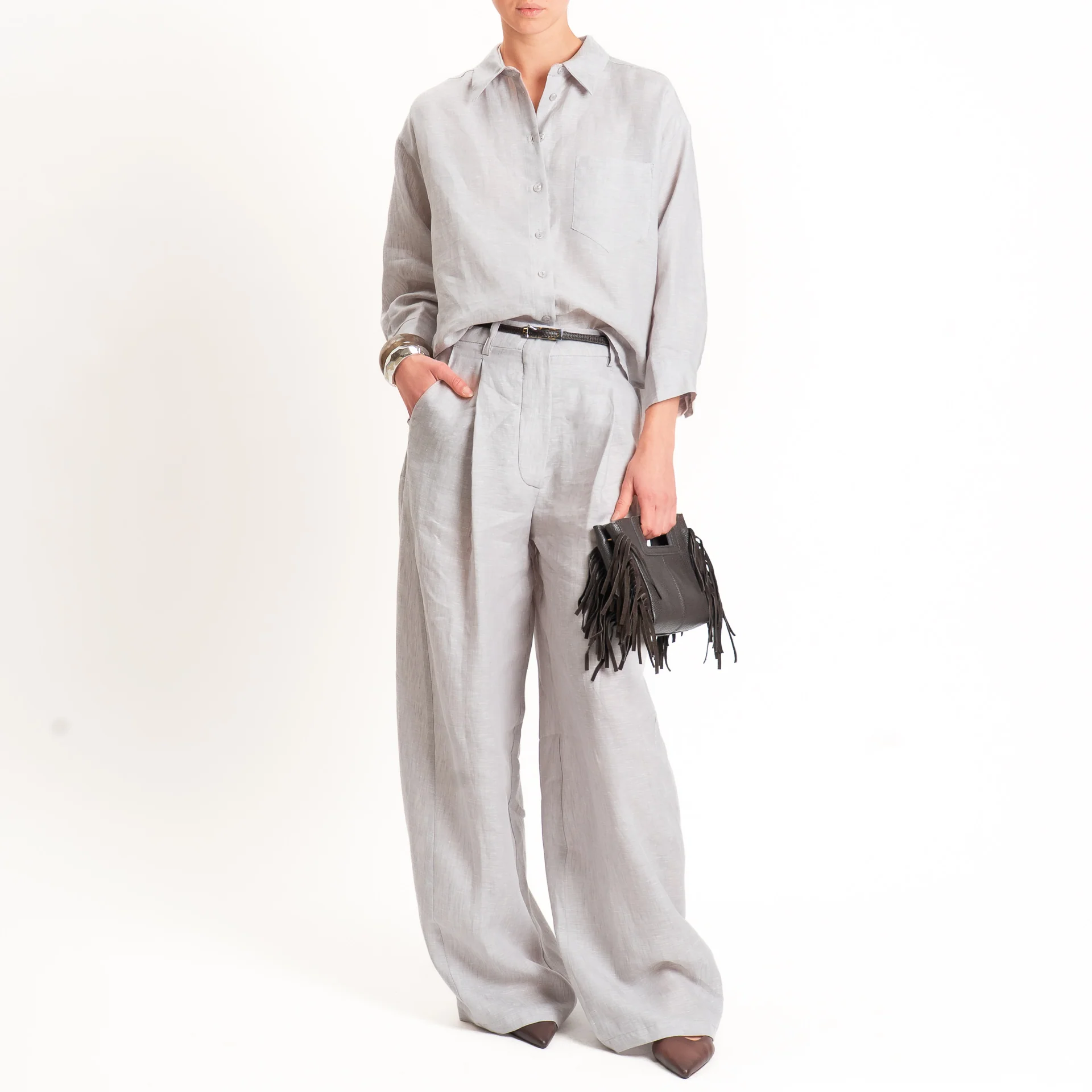 Tensione in-Camicia 100% lino con taschino - perla