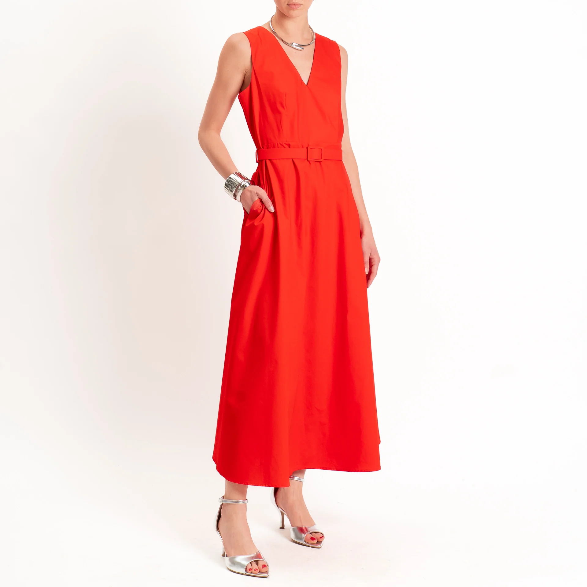 Dixie-Abito smanicato in popeline scollo v - rosso