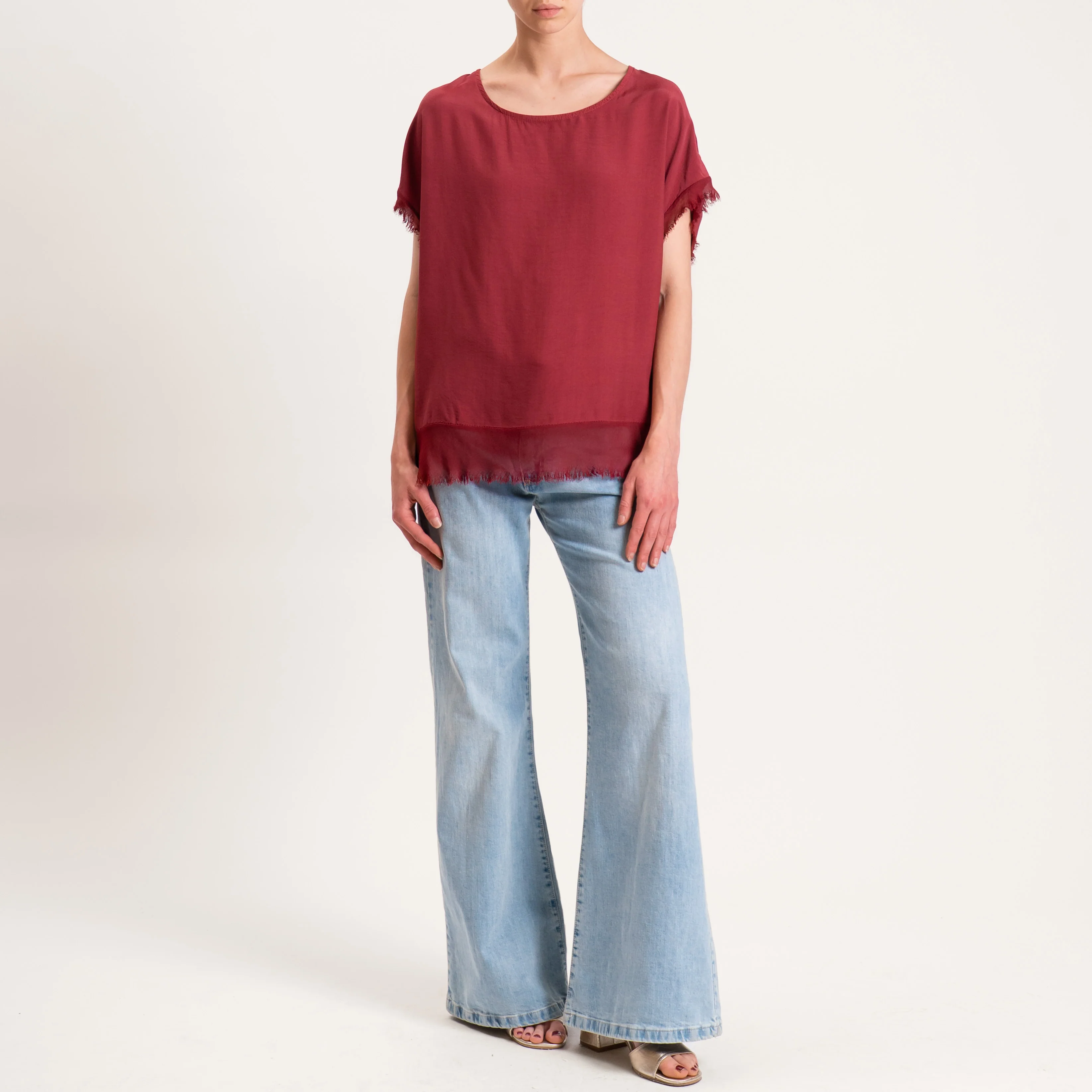 Zeroassoluto-Blusa in viscosa bordi sfrangiati bottoni dietro - india