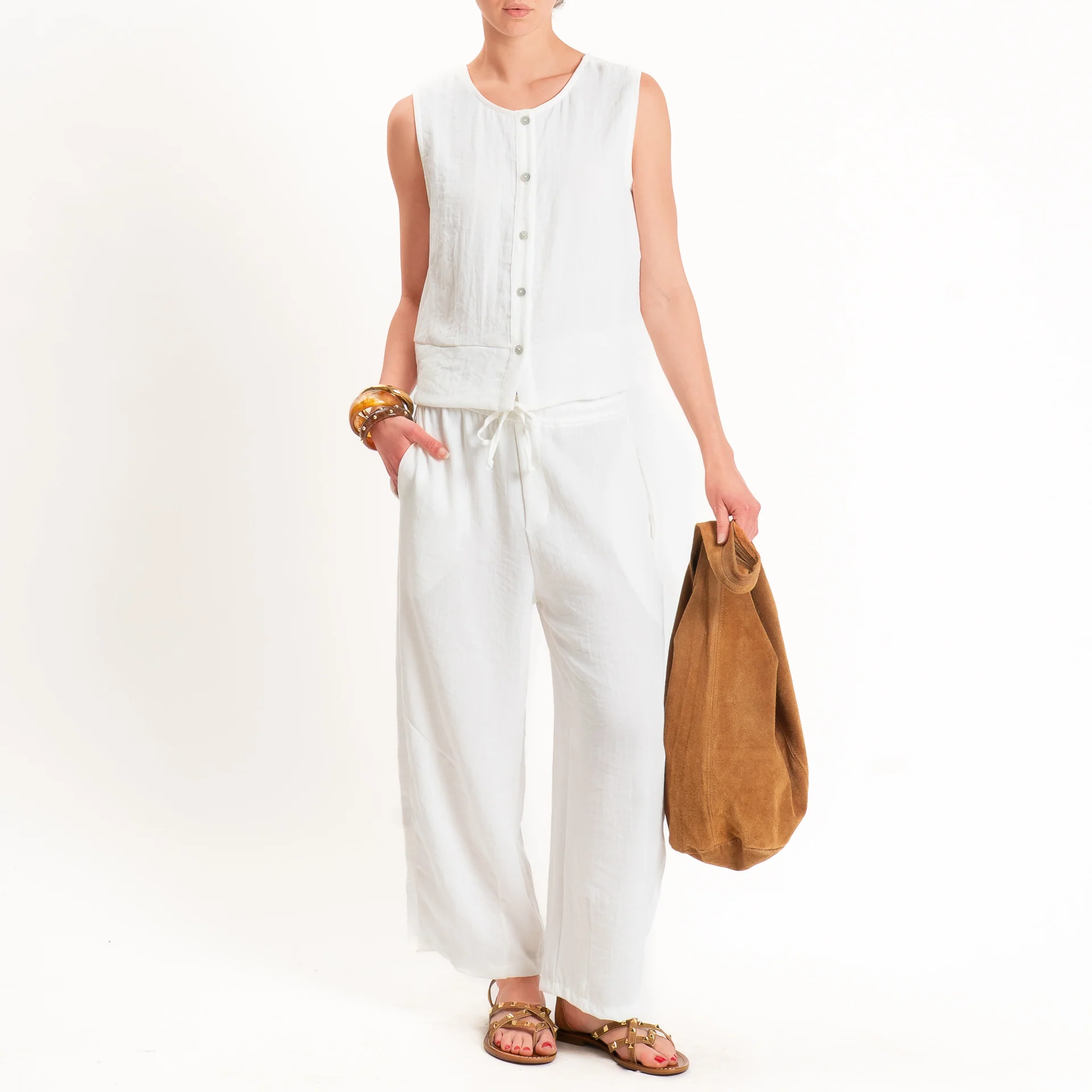 Zeroassoluto-Pantalone BARRY barrel coulisse viscosa jacquard - bianco